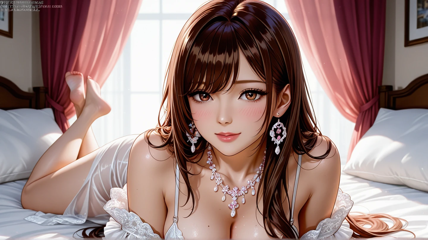 (1个Giant Breast Girl:1.3), 电影灯光,  (tmasterpiece, top-quality, Best quality at best, offcial art, Beautiful and beautiful:1.3), extremely detaile,The most detailed,(ultra - detailed),((Extremely Delicately Beautiful)), 
from the above,(( Lie down in bed)), 
Alone, nedium breasts, Silky long hair, (Brown hair), The bed is strewn with roses,
Light blue lace pajamas, open breast,