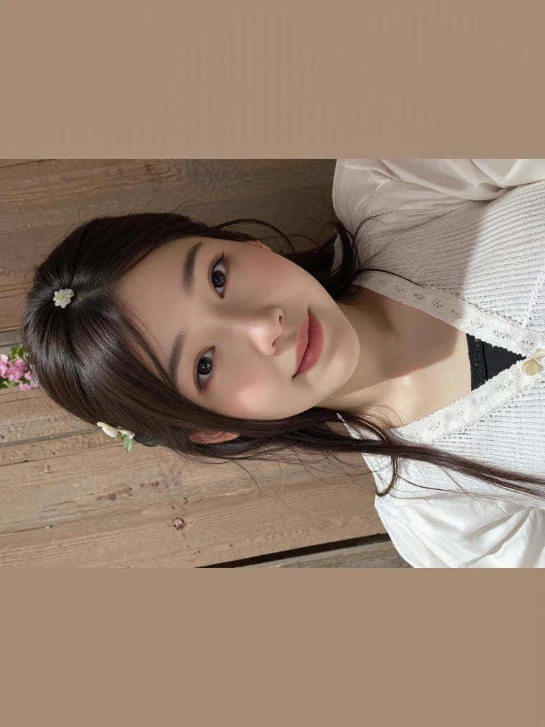 (masterpiece:1.2), Japanese, (((18 years old))), (a girl), outdoor, close up to face, (opened mouth wide), light-brown hair, (((view from above))), (((upper body))), ponytail,