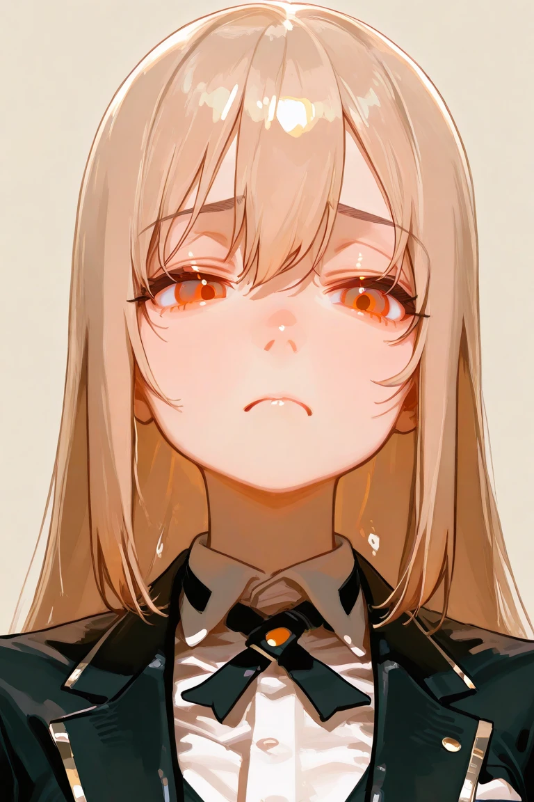 AI character with long hair without bangs and with the BBB logo ON THE BLOUSE