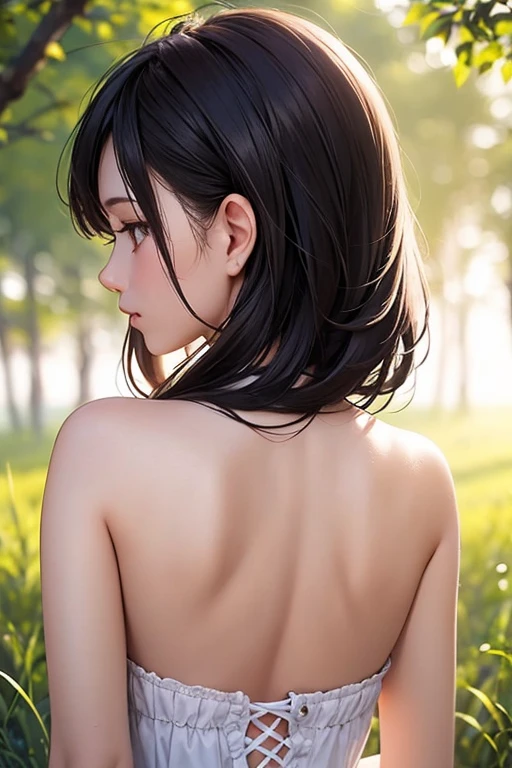 Masterpiece, Beautiful art, professional artist, 8k, shy expression, very detailed face, 2 girls, completely naked, view from behind, perfect ass, standing, BIG BREASTS, perfectly drawn naked body, pale skin, shy expression, beautiful face, long black hair, 4k eyes, very detailed eyes, pink cheeks, choker:1.6, Sensual Lips, show details in the eyes, dark forest, Atmosphere, fog, At night