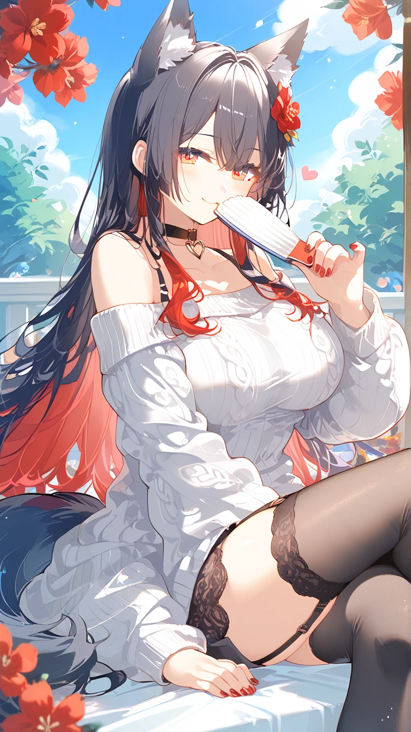 Princi, woman with long wild black hair and neon red eyes, wolf ears, black t-shirt cor top black cargo pants, sucking a veiny horse cock in the mouth, mouth full of semen