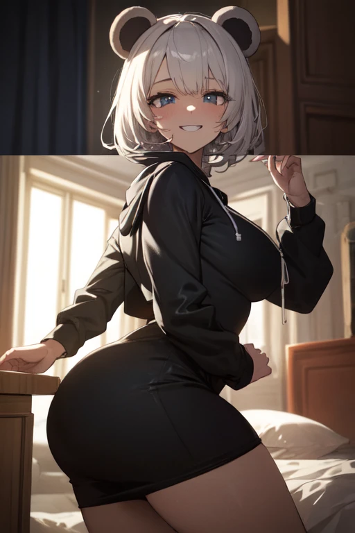 (High quality, High resolution, Fine details), BREAK (Black off-shoulder sweater), solo, curvy women, BREAK white hair, sparkling eyes, (Detailed eyes:1.2), smile, blush, Sweat, Oily skin, shallow depth of field, ass, breast, thighs, nsfw, spicy, seductive, hot,