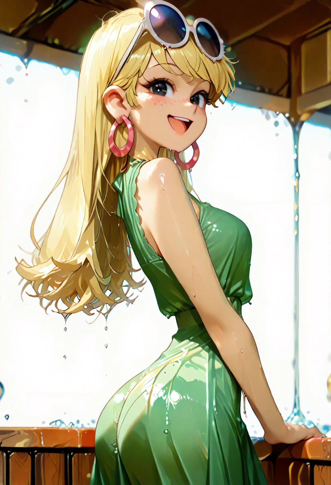 (score_9, score_8_up, score_7_up, Expressiveh, g0th1c), masterpiece:1.2, absurd res, best quality, 8K, high resolution,, fine fabric emphasis:1.2), (((masterpiece, amazing quality, best quality, ultra-detailed, 8K, illustration, amazing quality, newest, absurdres, realistic))), (((Best Quality, 8K, Masterpiece: 1.3)), ((high_quality)), (gorgeous face, masterpiece, best quality, very aesthetic, absurdres, curvy figure, , perfection, (bubble ass , Thin waist. Tiny waist)), dynamic range,, (((LenI Loud , 1girl , solo , long hair , looking at viewer , smile , open mouth , black eyes , blonde hair , Cartoon Eyes , large , dress , jewelry , earrings , sleeveless , from side , sunglasses , eyewear on head , green dress , hoop earrings)), smooth shading, highly detailed, soft lighting, well-defined anatomy, good anatomy, ((intricate details, depth of field, wet skin, shiny skin, perfect face, 2d, perfect eyes, vibrant saturated colors, volumetric lighting, freckles)), 8k UHD, (masterpiece, best quality), (((looking at viewer, happy smile, joy, cowboy shot, dynamic pose)))), BREAK (from below, side view, correct),