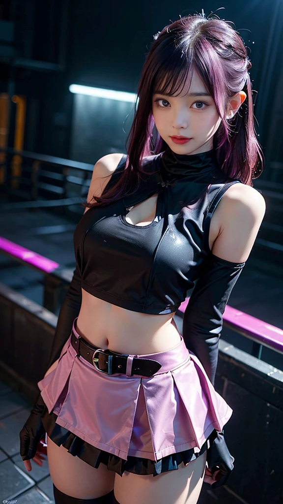 a 20 yo woman、Pink hair、Bery short hair、Big smile、cleavage of the breast、Thighs at a glance、fishnet tights、Long purple long cheongsam with open chest、(hi-top fade:1.6)、dark themed、Muted Tones、Subdued Color、highly contrast、(natural skin textures、Hyper-Realism、Soft light、sharp)、The Bride of Fifths、ichika nakano、