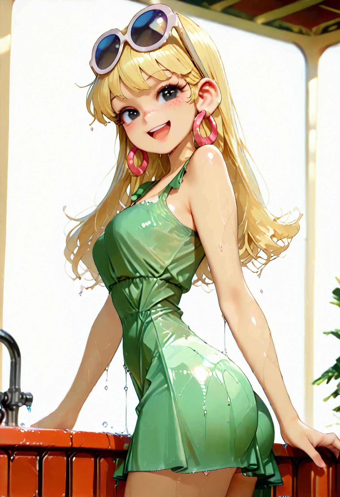 (score_9, score_8_up, score_7_up, Expressiveh, g0th1c), masterpiece:1.2, absurd res, best quality, 8K, high resolution,, fine fabric emphasis:1.2), (((masterpiece, amazing quality, best quality, ultra-detailed, 8K, illustration, amazing quality, newest, absurdres, realistic))), (((Best Quality, 8K, Masterpiece: 1.3)), ((high_quality)), (gorgeous face, masterpiece, best quality, very aesthetic, absurdres, curvy figure, , perfection, (bubble ass , Thin waist. Tiny waist)), dynamic range,, (((LenI Loud , 1girl , solo , long hair , looking at viewer , smile , open mouth , black eyes , blonde hair , Cartoon Eyes , large , dress , jewelry , earrings , sleeveless , from side , sunglasses , eyewear on head , green dress , hoop earrings)), smooth shading, highly detailed, soft lighting, well-defined anatomy, good anatomy, ((intricate details, depth of field, wet skin, shiny skin, perfect face, 2d, perfect eyes, vibrant saturated colors, volumetric lighting, freckles)), 8k UHD, (masterpiece, best quality), (((looking at viewer, happy smile, joy, cowboy shot, dynamic pose)))), BREAK (from below, side view, correct),