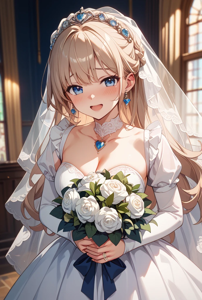 ((masterpiece)), (((best quality))), ((ultra-detailed)), ((illustration)), ((disheveled hair)), ((frills)), (1 girl), (solo),1girl,alternative costume, blonde hair, blue eyes, blue flower, blue rose, blush, bouquet, breasts, bridal veil, bug, butterfly, choker, cleavage, clothing, crown, dress, female, flower, frilled dress, frills, full body, gloves, headdress, headwear, insect, jewelry, large breasts, long hair, necklace, petals, rose, smile, tiara, veil, wedding dress, white dress, white gloves,