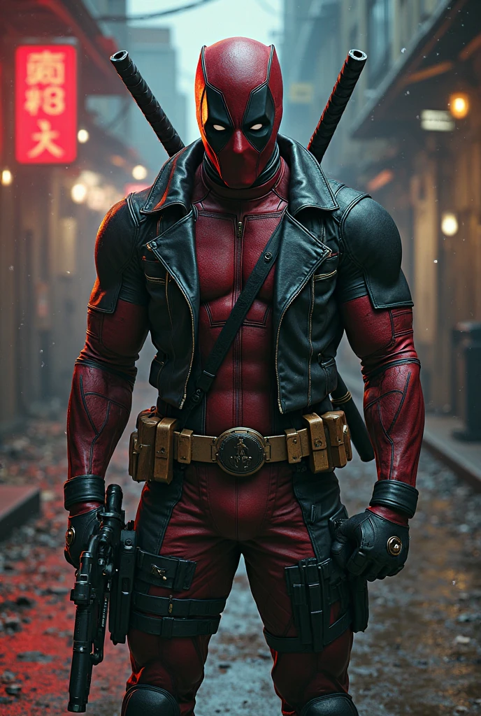 "Deadpool, wearing no shirt, Showing off his muscular physique, is on shores, with tight pants that accentuate her big, perky buttocks. He has his face turned towards the camera, casting a seductive glance. With a provocative touch, he puts the tip of his index finger in his mouth, in a suggestive pose. The surrounding scenery is dimly lit, highlighting the contours of your body and creating a sensual and mysterious atmosphere. "