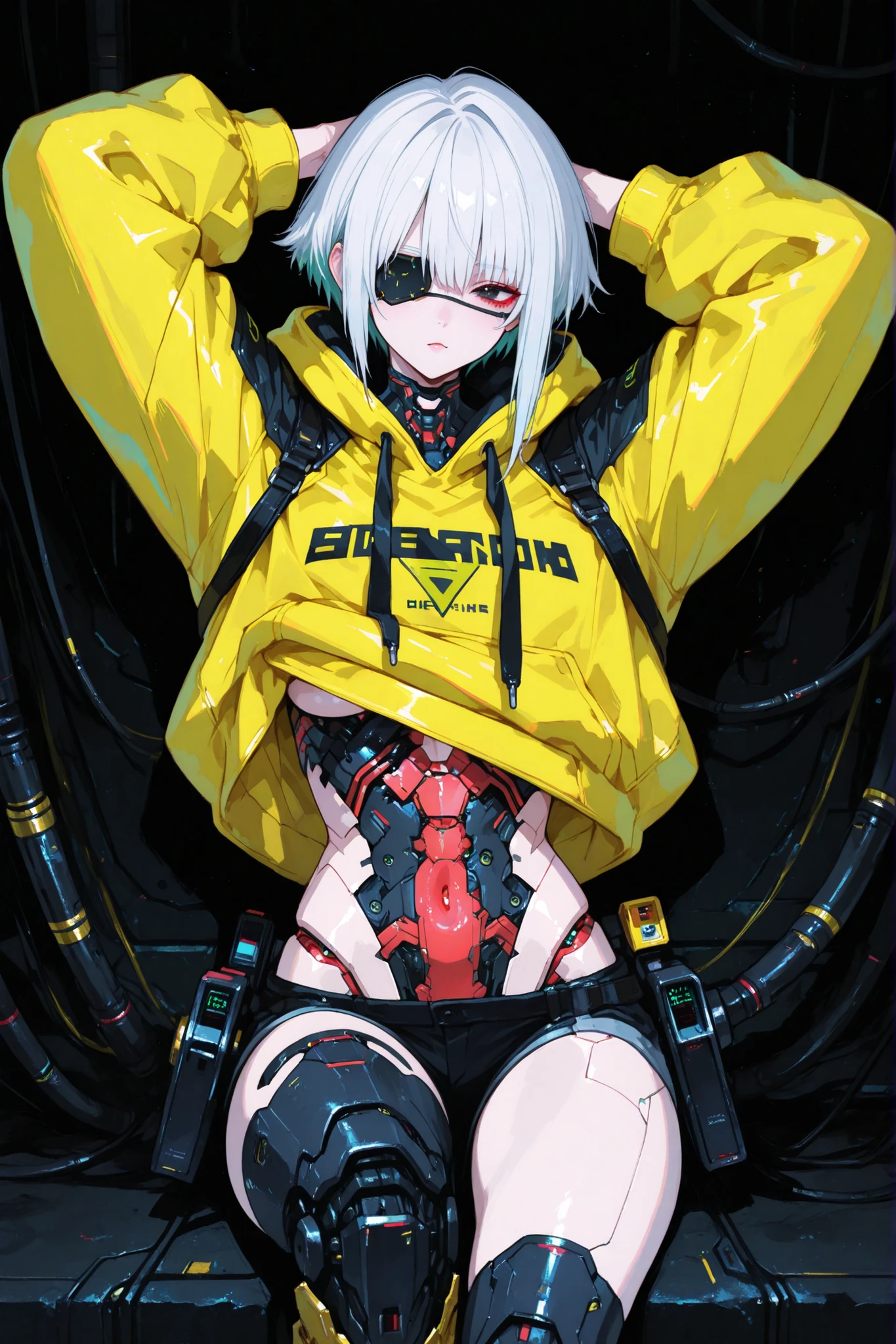 Create a detailed illustration of a cute, anime-style girl with a futuristic, cyberpunk vibe. She has short, white hair with a playful, winking expression, and one eye is covered with a black eye patch. She wears a bright yellow oversized hoodie with black accents and a bold, geometric logo on the front. The hoodie is slightly lifted, revealing mechanical or robotic elements integrated into her body, including a detailed, cybernetic stomach with tubes and wires. She has a relaxed, confident pose with her hands resting behind her head. Her lower body features high-tech, armored boots with sleek designs, and her overall look combines cute anime aesthetics with a sci-fi, cybernetic theme. The background is minimalistic, emphasizing her vibrant colors and intricate mechanical details, with a futuristic, energetic atmosphere. Focus on vibrant colors, high detail, and a blend of cuteness and cyberpunk style.