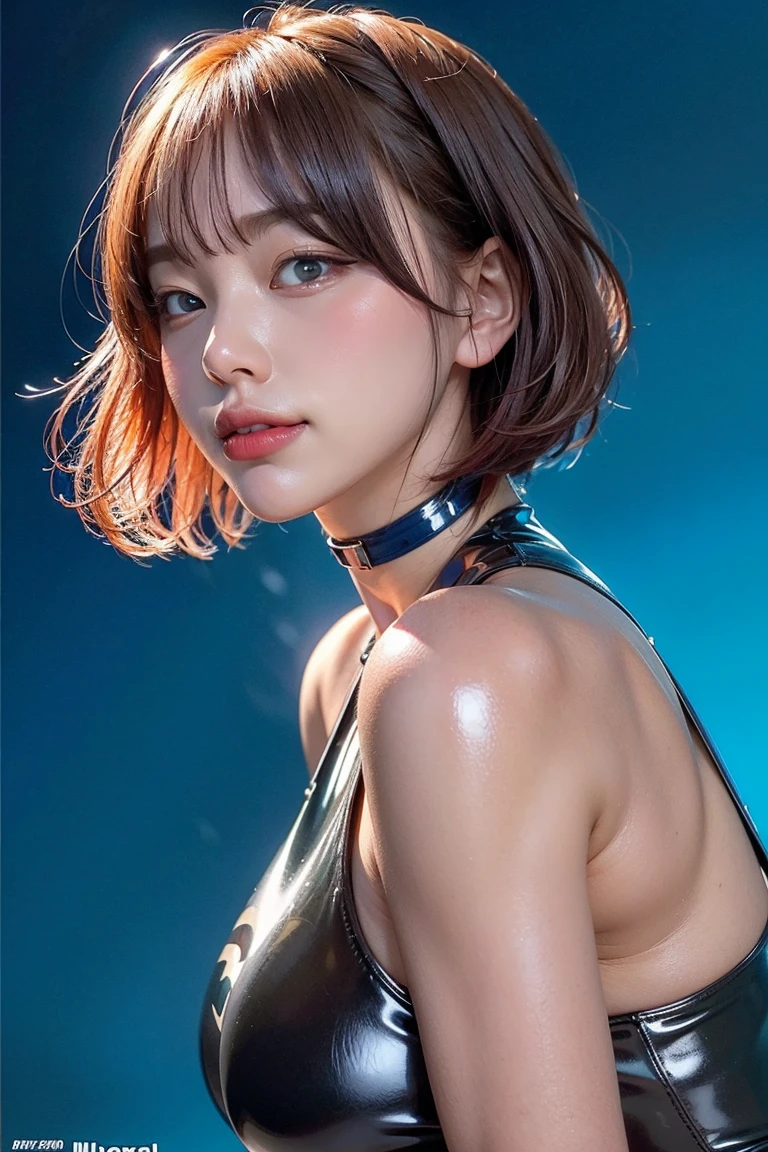 photorealistic Realism 8K, 16K Quality, (ultra absurd quality, extremely detailed detail, hyper resolution, clear sharp focus, not blurry, (Realistic brown_eyes:1.35)), ((perfect dark_eyeshadows:1.45)), (super Detailed, beautiful little nose:1.2), (perfect composition), Depth of field, cinematic light, Lens flare, (extremely beautiful face, beautiful lips , Beautiful eyes), Intricate detail face,   best high quality real texture skin:1.3, A woman with velvety skin:1.33), ((best high quality real texture hair)), (short blonde hair, (wavy, combed up, behind the ear), extremely detailed:1.38)), photo of the most beautiful artwork in the world, professional majestic (photography by Steve McCurry), 8k uhd, dslr, soft lighting, high quality, Fujifilm XT3 sharp focus, f 5.6, dramatic, (Anatomically correct perfect proportions), ((perfect hands:1.2)), (Super beautiful face: 1.33), ((perfect female body:1.4)), cute girl, ((firm and full breasts)), (the most absurd quality perfect eyes:1.35), ((super beautiful cute sharp-face)), (light pale complexion), transparent color pvc (Super Shiny purple Transparent Holographic Full Bodysuit:1.3) , Ultra-tight fit bodysuit with super reflective surfaces, ((Upper body shot)),