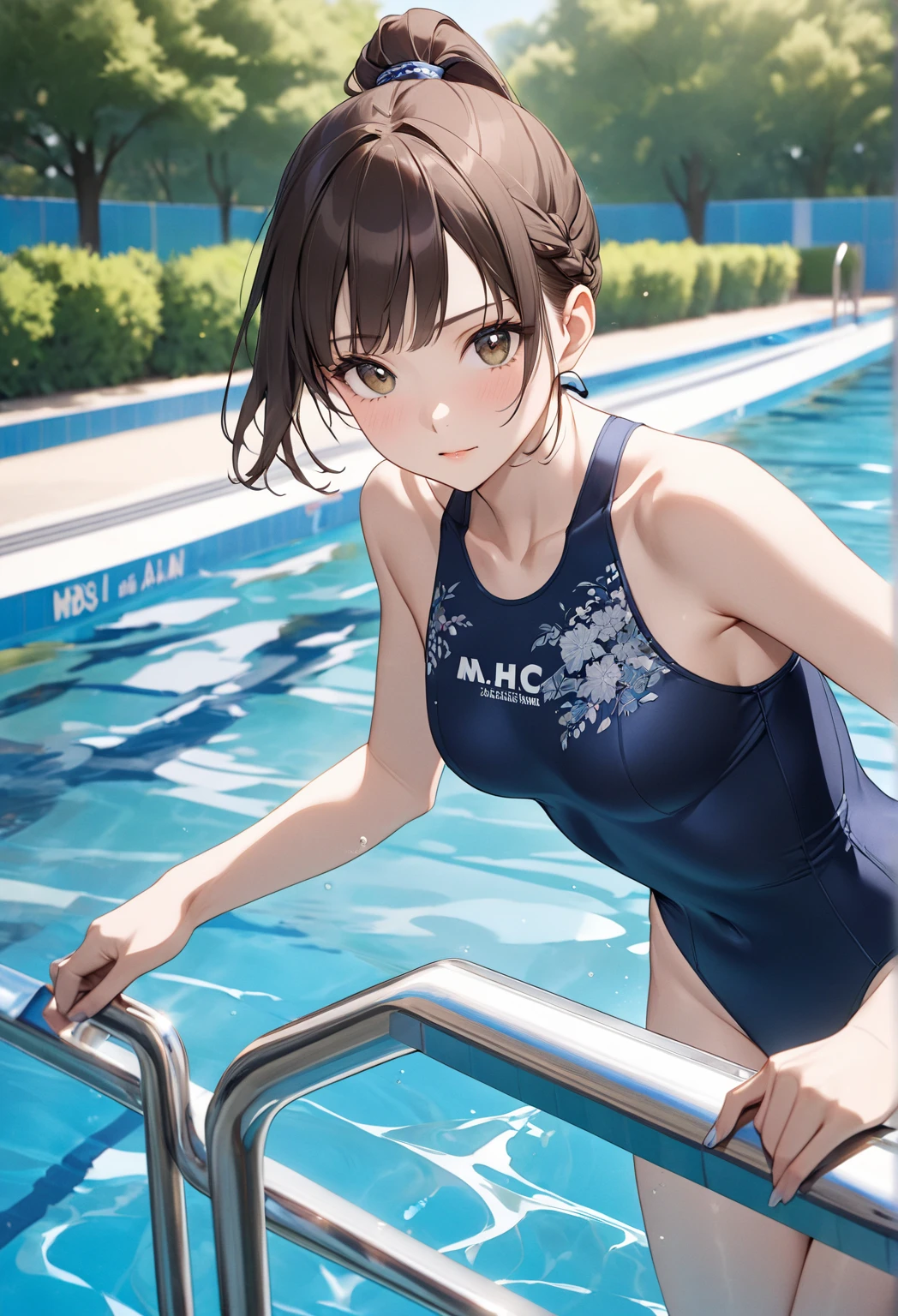 1girl in、AS-Adult、swimming pools、swim wears、School Swimsuit、Upper body portrait、