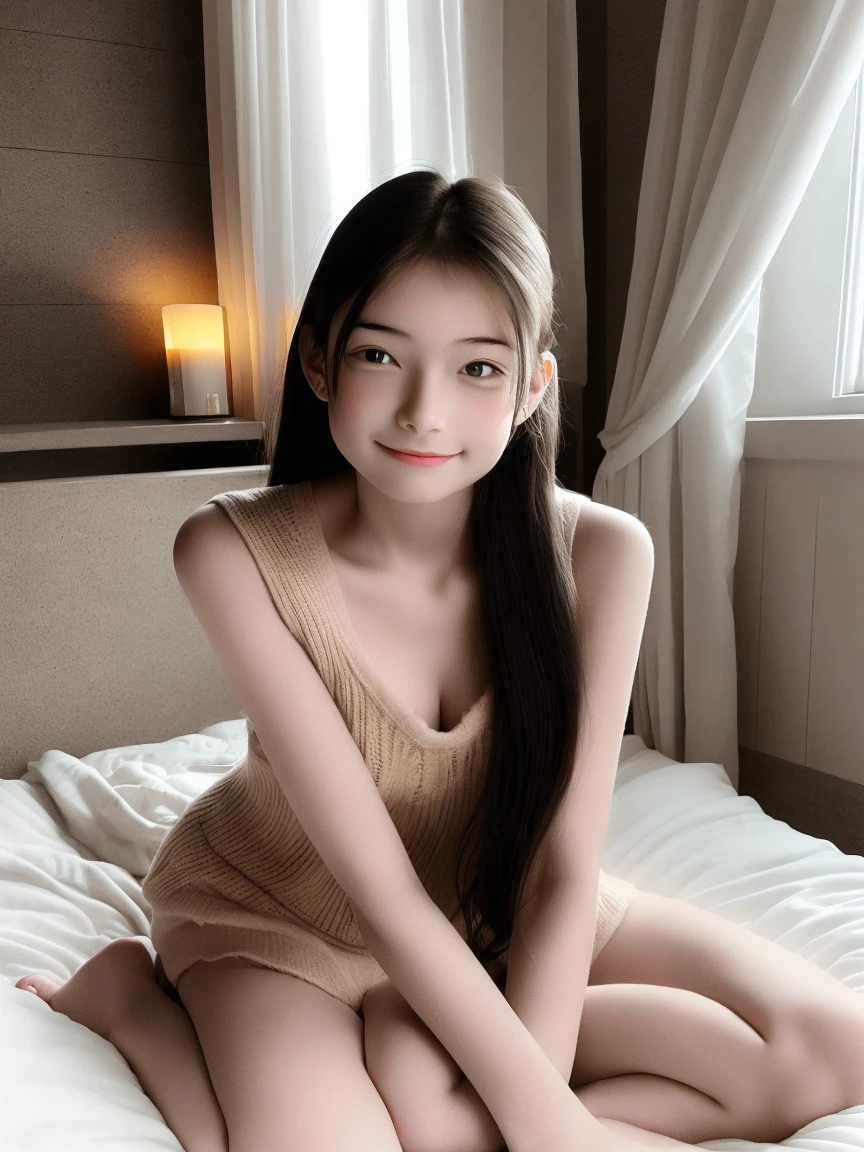 masterpiece, highest quality, High resolution,alone,Brown,artistic,Best lighting,casual,Flat Chest,Beautiful Face,expensive,smile,light makeup,Age 26,Calm woman,Detailed Hair,Laughing woman,Woman with her hair tied up,Face Focus,Forehead,clavicle,Woman sitting on the floor with her legs crossed