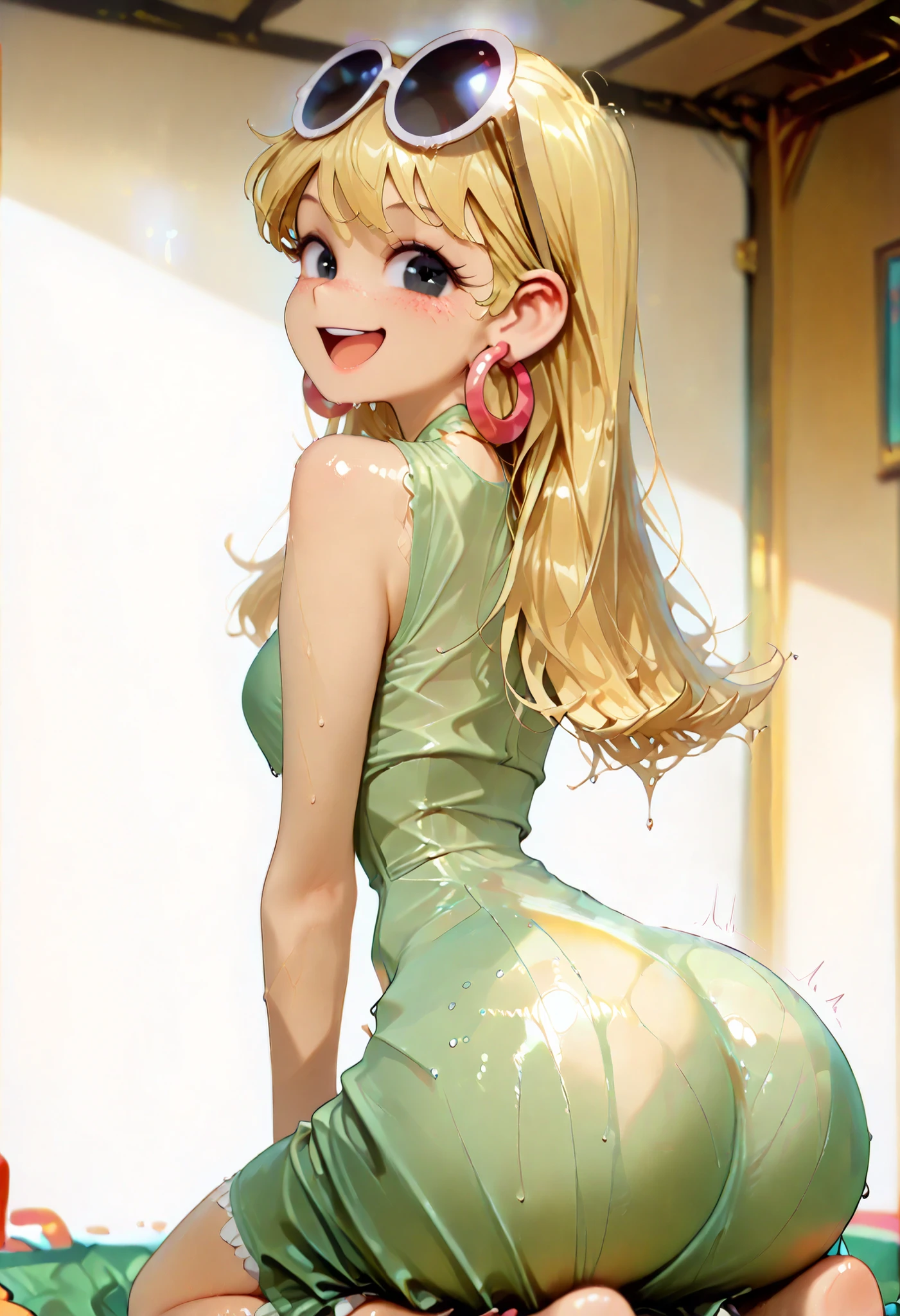 (score_9, score_8_up, score_7_up, Expressiveh, g0th1c), masterpiece:1.2, absurd res, best quality, 8K, high resolution,, fine fabric emphasis:1.2), (((masterpiece, amazing quality, best quality, ultra-detailed, 8K, illustration, amazing quality, newest, absurdres, realistic))), (((Best Quality, 8K, Masterpiece: 1.3)), ((high_quality)), (gorgeous face, masterpiece, best quality, very aesthetic, absurdres, curvy figure, , perfection, (bubble ass , Thin waist. Tiny waist)), dynamic range,, (((LenI Loud , 1girl , solo , long hair , looking at viewer , smile , open mouth , black eyes , blonde hair , Cartoon Eyes , large , dress , jewelry , earrings , sleeveless , from side , sunglasses , eyewear on head , green dress , hoop earrings)), smooth shading, highly detailed, soft lighting, well-defined anatomy, good anatomy, ((intricate details, depth of field, wet skin, shiny skin, perfect face, 2d, perfect eyes, vibrant saturated colors, volumetric lighting, freckles)), 8k UHD, (masterpiece, best quality), (((looking at viewer, happy smile, joy, cowboy shot, dynamic pose)))), BREAK (from below, side view, correct), ,(((from behind, narrow waist, from backside, kneeling, looking back, arched back, butt focus, butt clenching,))),