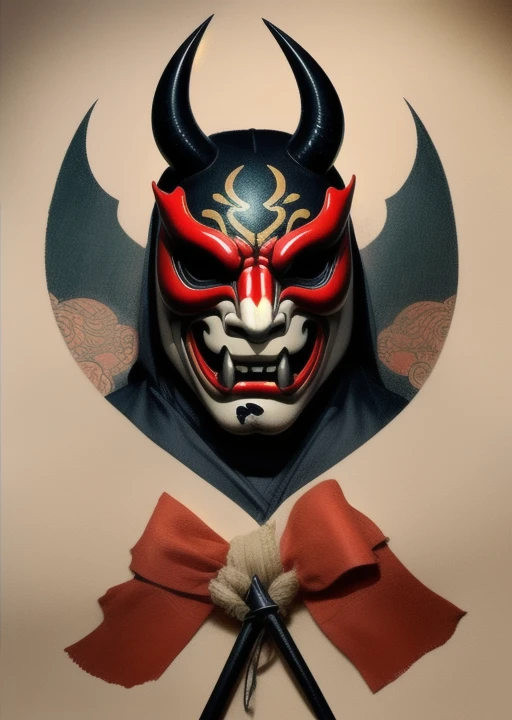 Cat hannya samurai mask red orange waves chrysanthemums