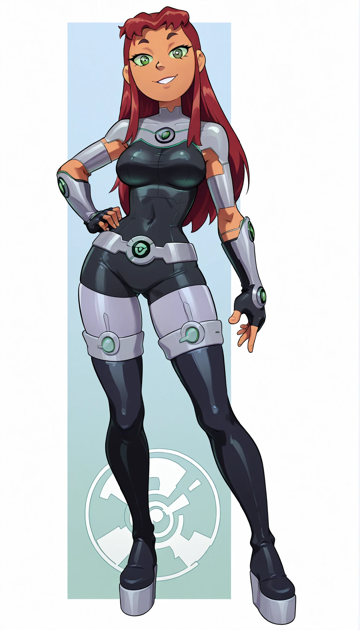 (Invincible Style), (Starfire from  Titans), ((Very High Quality)), 1 girl, redhead, green eyes, light green sclera, orange complexion, Two-toned leotard, Black and Green Leotard, Metallic Belt, Belt with Omnitrix Logo, Belt, Platform Thigh Boots, Dual-toned thigh boots, Green and black thigh boots, gray fingerless elbow gloves, elbow gloves, fingerless gloves, standing, full body photo:1.5, (perfect anatomy), (perfect hands), (perfect face), medium breasts, 