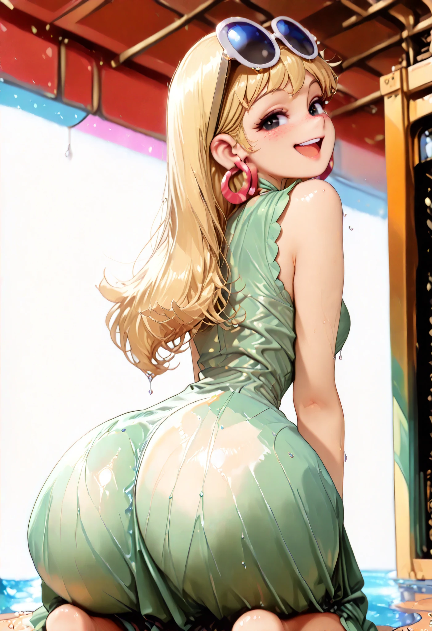 (score_9, score_8_up, score_7_up, Expressiveh, g0th1c), masterpiece:1.2, absurd res, best quality, 8K, high resolution,, fine fabric emphasis:1.2), (((masterpiece, amazing quality, best quality, ultra-detailed, 8K, illustration, amazing quality, newest, absurdres, realistic))), (((Best Quality, 8K, Masterpiece: 1.3)), ((high_quality)), (gorgeous face, masterpiece, best quality, very aesthetic, absurdres, curvy figure, hourglass figure, ((pinup pose, seductive pose,dynamic pose), perfection, (bubble ass , Thin waist. Tiny waist)), dynamic range,, (((LenI Loud , 1girl , solo , long hair , looking at viewer , smile , open mouth , black eyes , blonde hair , Cartoon Eyes , large , dress , jewelry , earrings , sleeveless , from side , sunglasses , eyewear on head , green dress , hoop earrings)), smooth shading, highly detailed, soft lighting, well-defined anatomy, good anatomy, ((intricate details, depth of field, wet skin, shiny skin, perfect face, 2d, perfect eyes, vibrant saturated colors, volumetric lighting, freckles)), 8k UHD, (masterpiece, best quality), (((looking at viewer, happy smile, joy, cowboy shot, dynamic pose)))), BREAK (from below, side view, correct), ,(((from behind, narrow waist, from backside, kneeling, looking back, arched back, butt focus, butt clenching,))),