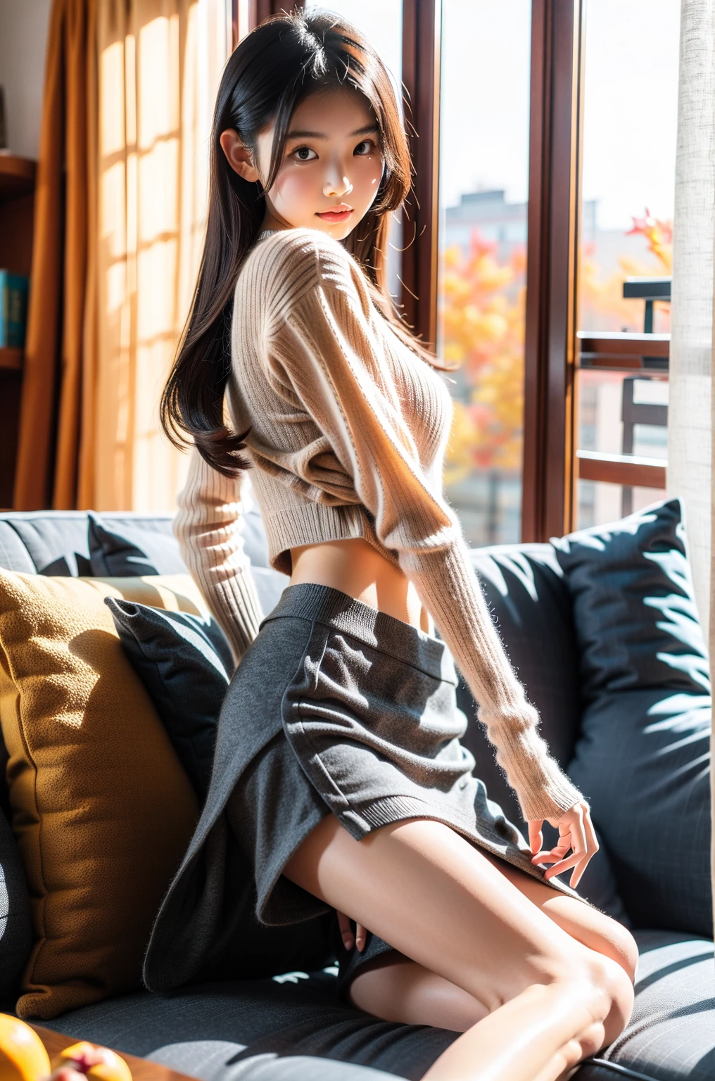 (best quality,4k,8k,highres,masterpiece:1.2),ultra-detailed,(realistic,photorealistic,photo-realistic:1.37),35 year old woman, squatting,legs open, showing crotch, wearing trendy skirt,beautiful detailed eyes,beautiful detailed lips,shaven pussy,private,young-looking,stylish,confident,upskirt angle,attractive,modern makeup,longeyelashes,curly hair,leaning forward,multi-colored skirt,high heels,stylish handbag, legs apart,delicate legs,vibrant colors,soft lighting