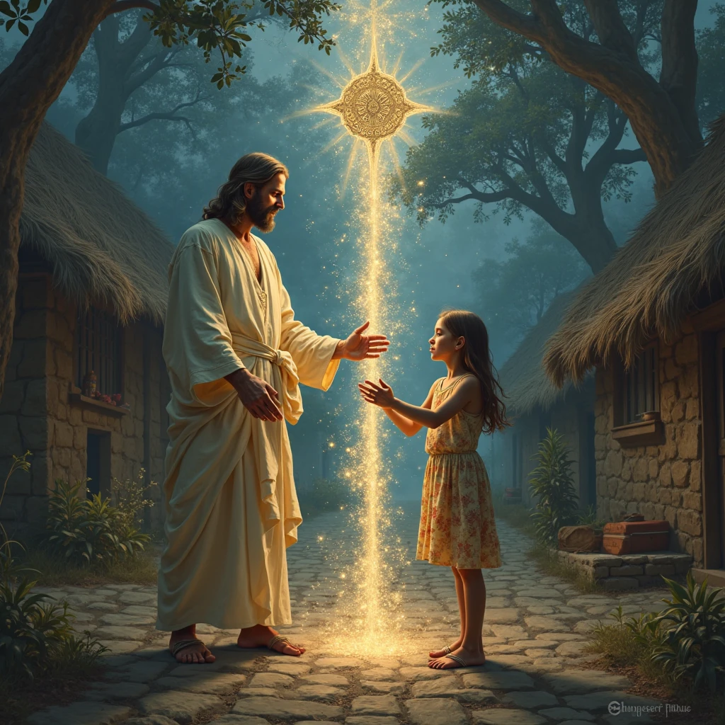 Painting of the apparition of the Virgin of the Rosary with the  Jesus in her arms, small, giving the holy rosary to a Peruvian shepherd girl, on top of a prickly pear plant , in Cajabamba, Peru 