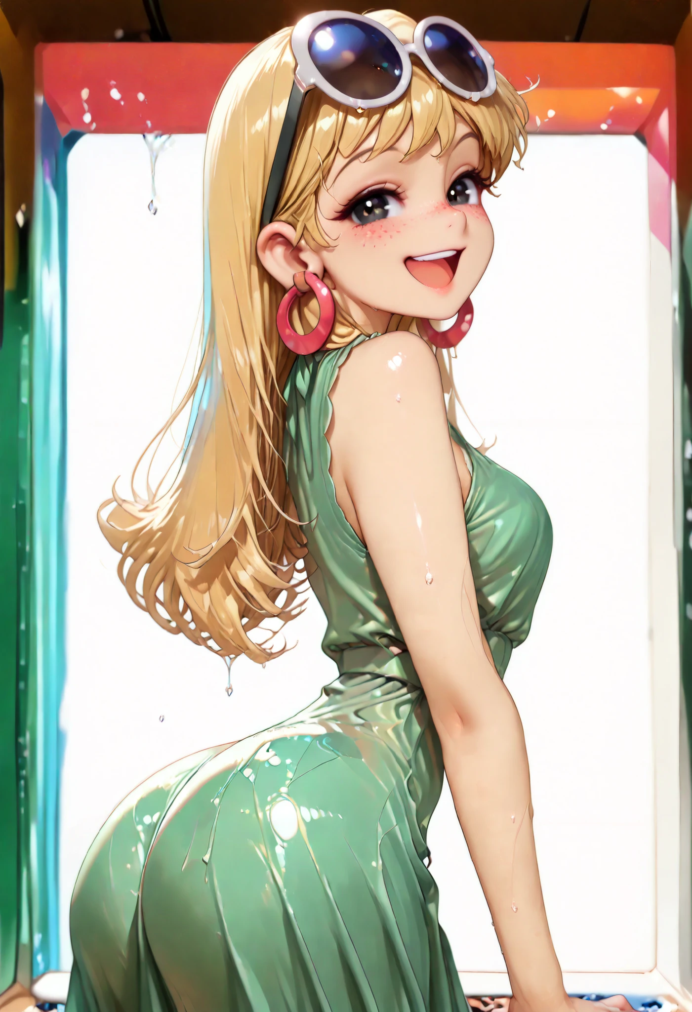 (score_9, score_8_up, score_7_up, Expressiveh, g0th1c), masterpiece:1.2, absurd res, best quality, 8K, high resolution,, fine fabric emphasis:1.2), (((masterpiece, amazing quality, best quality, ultra-detailed, 8K, illustration, amazing quality, newest, absurdres, realistic))), (((Best Quality, 8K, Masterpiece: 1.3)), ((high_quality)), (gorgeous face, masterpiece, best quality, very aesthetic, absurdres, curvy figure, hourglass figure, ((pinup pose, seductive pose,dynamic pose), perfection, (bubble ass , Thin waist. Tiny waist)), dynamic range,, (((LenI Loud , 1girl , solo , long hair , looking at viewer , smile , open mouth , black eyes , blonde hair , Cartoon Eyes , large , dress , jewelry , earrings , sleeveless , from side , sunglasses , eyewear on head , green dress , hoop earrings)), smooth shading, highly detailed, soft lighting, well-defined anatomy, good anatomy, ((intricate details, depth of field, wet skin, shiny skin, perfect face, 2d, perfect eyes, vibrant saturated colors, volumetric lighting, freckles)), 8k UHD, (masterpiece, best quality), (((looking at viewer, happy smile, joy, cowboy shot, dynamic pose)))), BREAK (from below, side view, correct), ,(((from behind, narrow waist, from backside, kneeling, looking back, arched back, butt focus)), BREAK ((from above, perspective), correct),