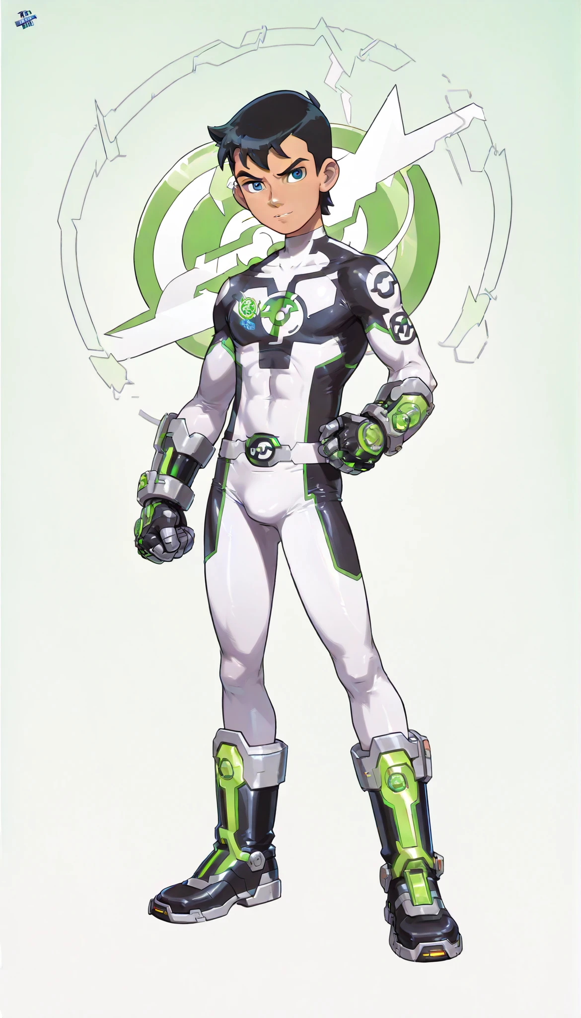 (Ben Tennyson from Ben 10), ((High quality)), (1guy), age, male, 1male, full bodysuit, hero bodysuit, Three-Tones Hero bodysuit, Green, white and black colored bodysuit, Omnitrix logo on the chest, metallic toe boots, metallic gauntlets, Tight bodysuit, Invincible, Chestnut,