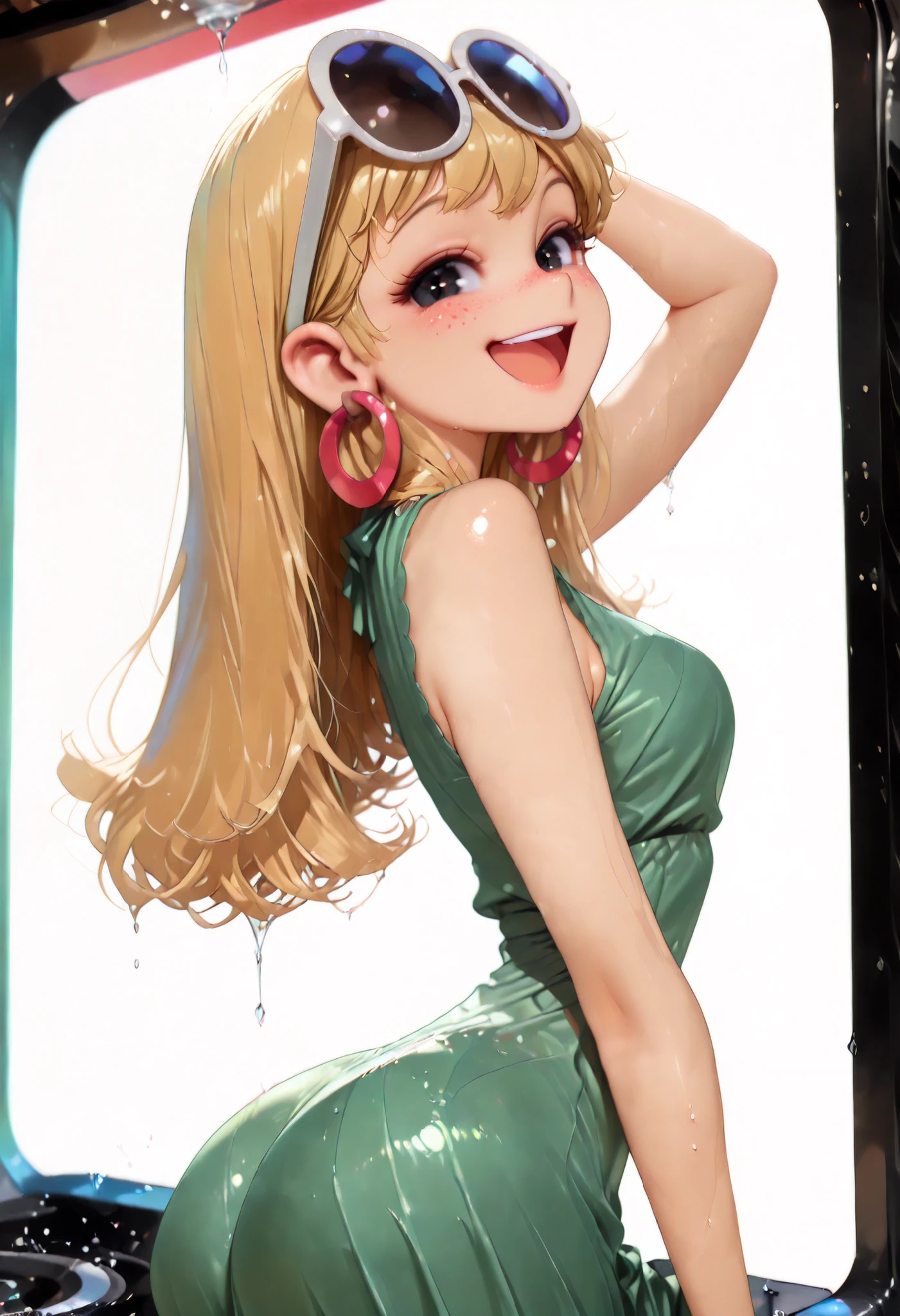 (score_9, score_8_up, score_7_up, Expressiveh, g0th1c), masterpiece:1.2, absurd res, best quality, 8K, high resolution,, fine fabric emphasis:1.2), (((masterpiece, amazing quality, best quality, ultra-detailed, 8K, illustration, amazing quality, newest, absurdres, realistic))), (((Best Quality, 8K, Masterpiece: 1.3)), ((high_quality)), (gorgeous face, masterpiece, best quality, very aesthetic, absurdres, curvy figure, hourglass figure, ((pinup pose, seductive pose,dynamic pose), perfection, (bubble ass , Thin waist. Tiny waist)), dynamic range,, (((LenI Loud , 1girl , solo , long hair , looking at viewer , smile , open mouth , black eyes , blonde hair , Cartoon Eyes , large , dress , jewelry , earrings , sleeveless , from side , sunglasses , eyewear on head , green dress , hoop earrings)), smooth shading, highly detailed, soft lighting, well-defined anatomy, good anatomy, ((intricate details, depth of field, wet skin, shiny skin, perfect face, 2d, perfect eyes, vibrant saturated colors, volumetric lighting, freckles)), 8k UHD, (masterpiece, best quality), (((looking at viewer, happy smile, joy, cowboy shot, dynamic pose)))), BREAK (from below, side view, correct), ,(((from behind, narrow waist, from backside, kneeling, looking back, arched back, butt focus)), BREAK ((from above, perspective), correct),