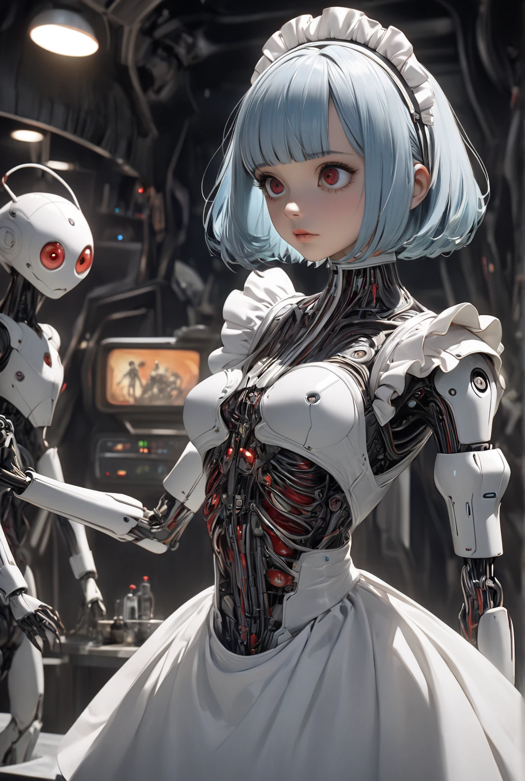 (((Masterpiece)))), (((highest quality)))), ((Ultra Definition)), (Very Detailed Photoreality), (((Very Delicate and Beautiful)), (Delicate and Pretty Face), Cinematic Light, (((1 girl parasitized by a machine)), Solo, Full body, Big, Cleavage is visible skin, White hair, purple eyes, glowing eyes, thighs skin exposed, (Machine joints: 1.4), (Mechanical limbs)), ( blood vessels connected to tubes), (((mechanical vertebrae attached to the back)), ((cervical vertebrae of the machine) attached to the neck)), ((sitting)), expressionless, (wires and cables attached to the head and body: 1.5), (character focus), body has a small LED lamp, Evangelion, Rei Ayanami, sci-fi, metal, metallic body, detailed neon, hydraulic cylinder