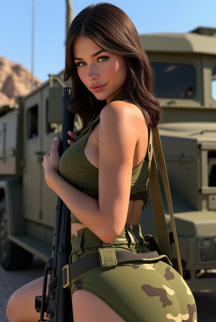 1girl in, 30 years old, Square face, Long hair, Looking at the viewer, jewelry, Realistic, Sexy, military combat outfit, military weapon background tank-plane-artillery-gun, private free position