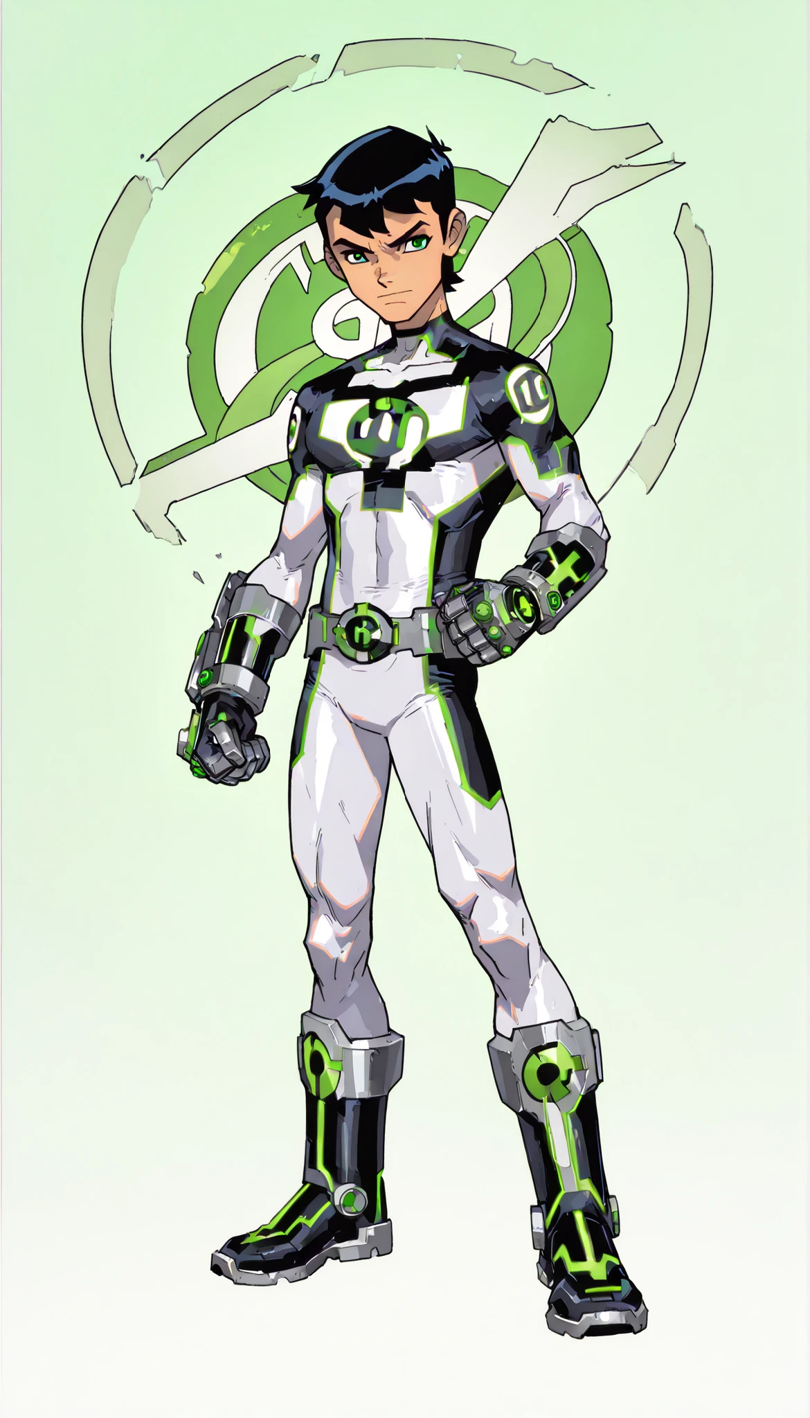 (Ben Tennyson from Ben 10), ((High quality)), (1guy), age, male, 1male, full bodysuit, hero bodysuit, Three-Tones Hero bodysuit, Green, white and black colored bodysuit, Omnitrix logo on the chest, metallic toe boots, metallic gauntlets, Tight bodysuit, Invincible, Chestnut,