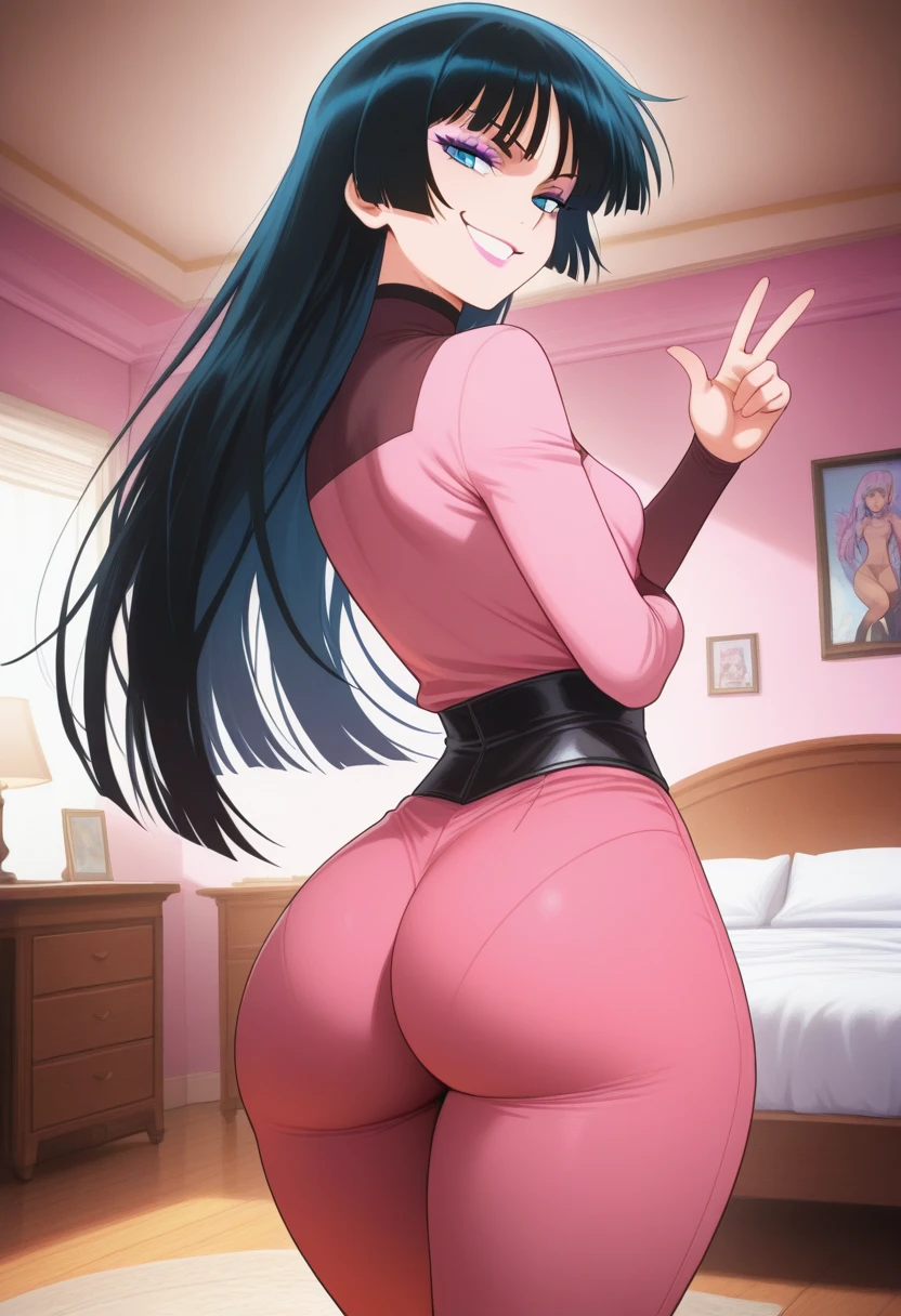 pokemonmarnie, aqua eyes, , black hair, hair ribbon, long hair, red ribbon, ribbon, twintails, room, breasts, blush, highres, looking at viewer, bouncing breasts, nipples,, nude, hands on hip, , ass, back, angry