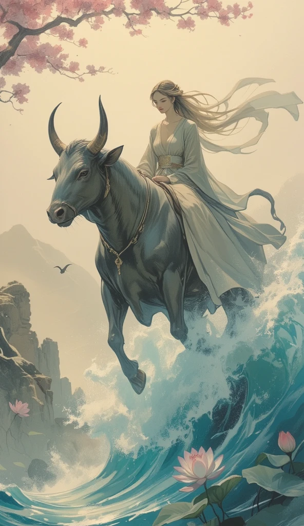 women Riding an giant elephant, painting of women and a elephant in a battle field, many soldiers outside, full body, stand, cinematic screen, soldiers run on field, fireting, combat, god ethereal, detailed, alluring succubus, ethereal beauty, perched on a cloud, (fantasy illustration:1.3), enchanting gaze, captivating pose, otherworldly charm, mystical sky, soft colors, (detailed cloudscape:1.3), (high-resolution:1.2), ((masterpiece)), (best quality), HDR, ((masterpiece)), (best quality), HDR, FEMME, Mirela Anton art Style, artistic, Soft color palette, windblown flowers, Sparkle, magical photography, Soft smooth lighting, Light background,[light smile], expressionless,