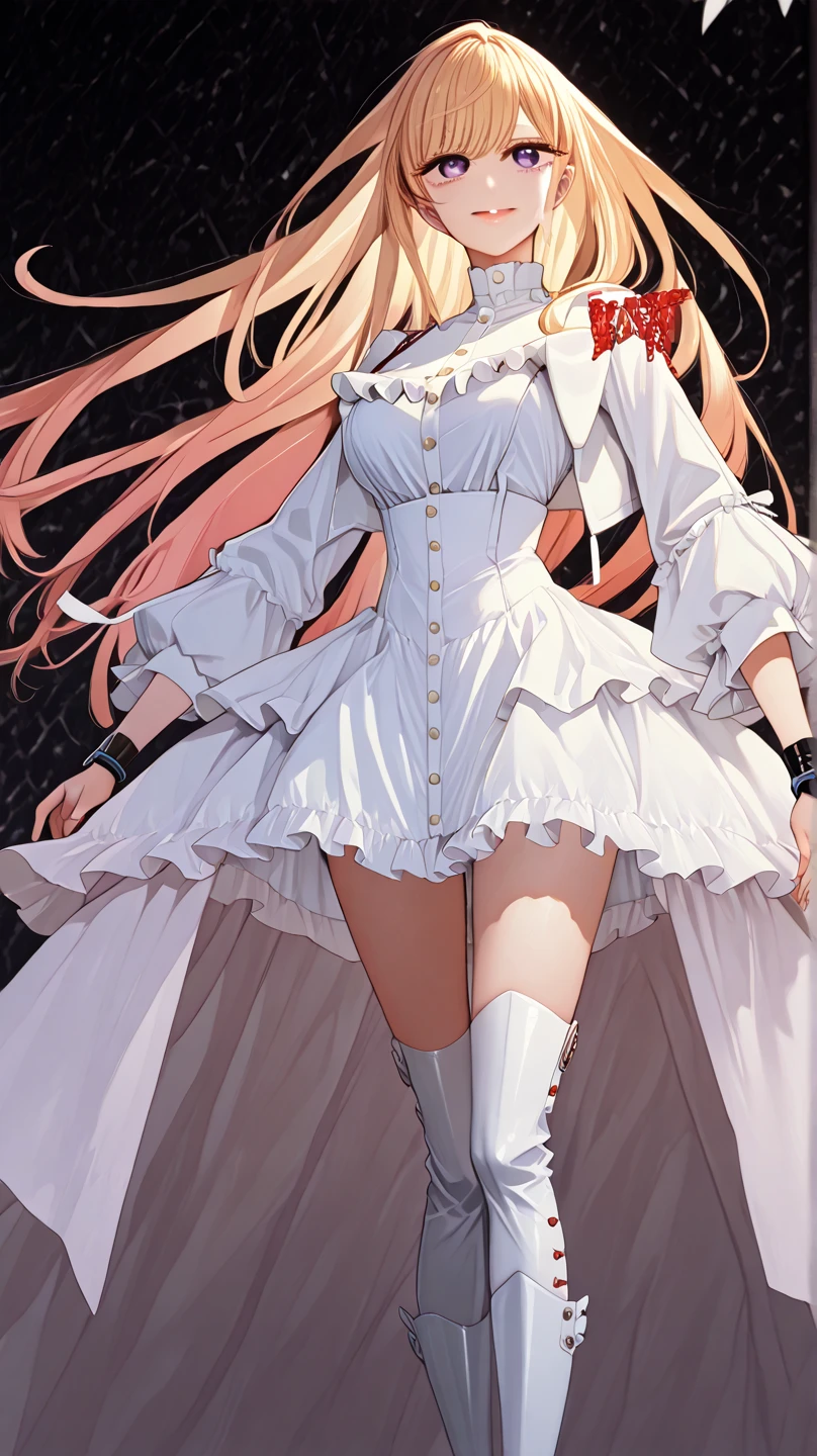 konggo \(warship girls r\),((Best quality))), ((Best quality))), ((Ultra-detailed)), ((illustration)), ((Disheveled hair)), ((frilld)), (1 girl), (Solo),1girl, bangs, bare shoulders, blonde hair, blue eyes, breasts, cleavage, closed mouth, collarbone, dress, elbow gloves, eyebrows visible through hair, flower, full body, gloves, hair between eyes, hair flower, hair ornament, jewelry, large breasts, long hair, looking at viewer, medium breasts, smile, solo, strapless, strapless dress, torn clothes, torn dress, weapon, wedding dress, white dress, white flower, white gloves, torn