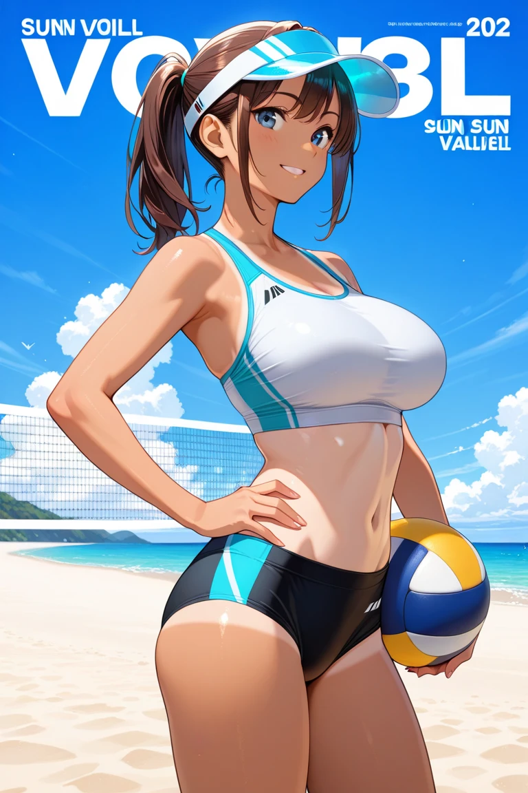 23 year old girl, asian, Korean, chubby, wearing a white sleeveless volleyball costume with the word "ripto", symmetrical body posture, squatting in the stadium, sitting on the volleyball, smiling a little, wearing Jordan shoes, finger love pose , detailed face, full body, good contrast, good lighting,