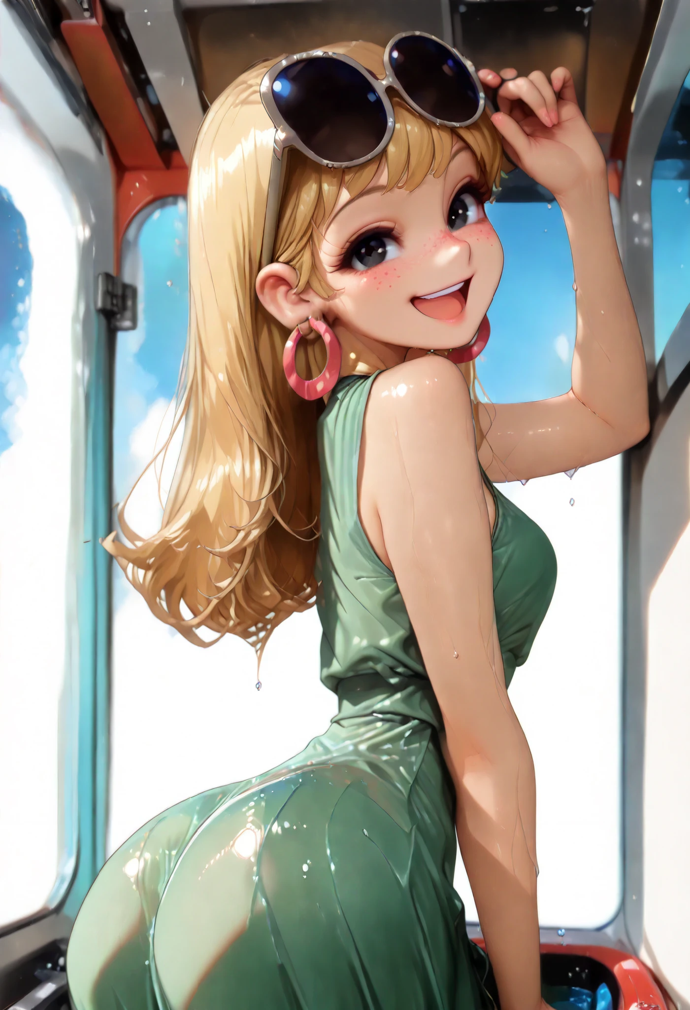 (score_9, score_8_up, score_7_up, Expressiveh, g0th1c), masterpiece:1.2, absurd res, best quality, 8K, high resolution,, fine fabric emphasis:1.2), (((masterpiece, amazing quality, best quality, ultra-detailed, 8K, illustration, amazing quality, newest, absurdres, realistic))), (((Best Quality, 8K, Masterpiece: 1.3)), ((high_quality)), (gorgeous face, masterpiece, best quality, very aesthetic, absurdres, curvy figure, hourglass figure, ((pinup pose, seductive pose,dynamic pose), perfection, (bubble ass , Thin waist. Tiny waist)), dynamic range,, (((LenI Loud , 1girl , solo , long hair , looking at viewer , smile , open mouth , black eyes , blonde hair , Cartoon Eyes , large , dress , jewelry , earrings , sleeveless , from side , sunglasses , eyewear on head , green dress , hoop earrings)), smooth shading, highly detailed, soft lighting, well-defined anatomy, good anatomy, ((intricate details, depth of field, wet skin, shiny skin, perfect face, 2d, perfect eyes, vibrant saturated colors, volumetric lighting, freckles)), 8k UHD, (masterpiece, best quality), (((looking at viewer, happy smile, joy, cowboy shot, dynamic pose)))), BREAK (from below, side view, correct), (((from behind, narrow waist, from backside, kneeling, looking back, arched back, butt focus)), BREAK ((from above, perspective), correct), (on stomach pose, hip sideways pose, accurate), huge ass, ( bored, correct), looking back at viewer, BREAK