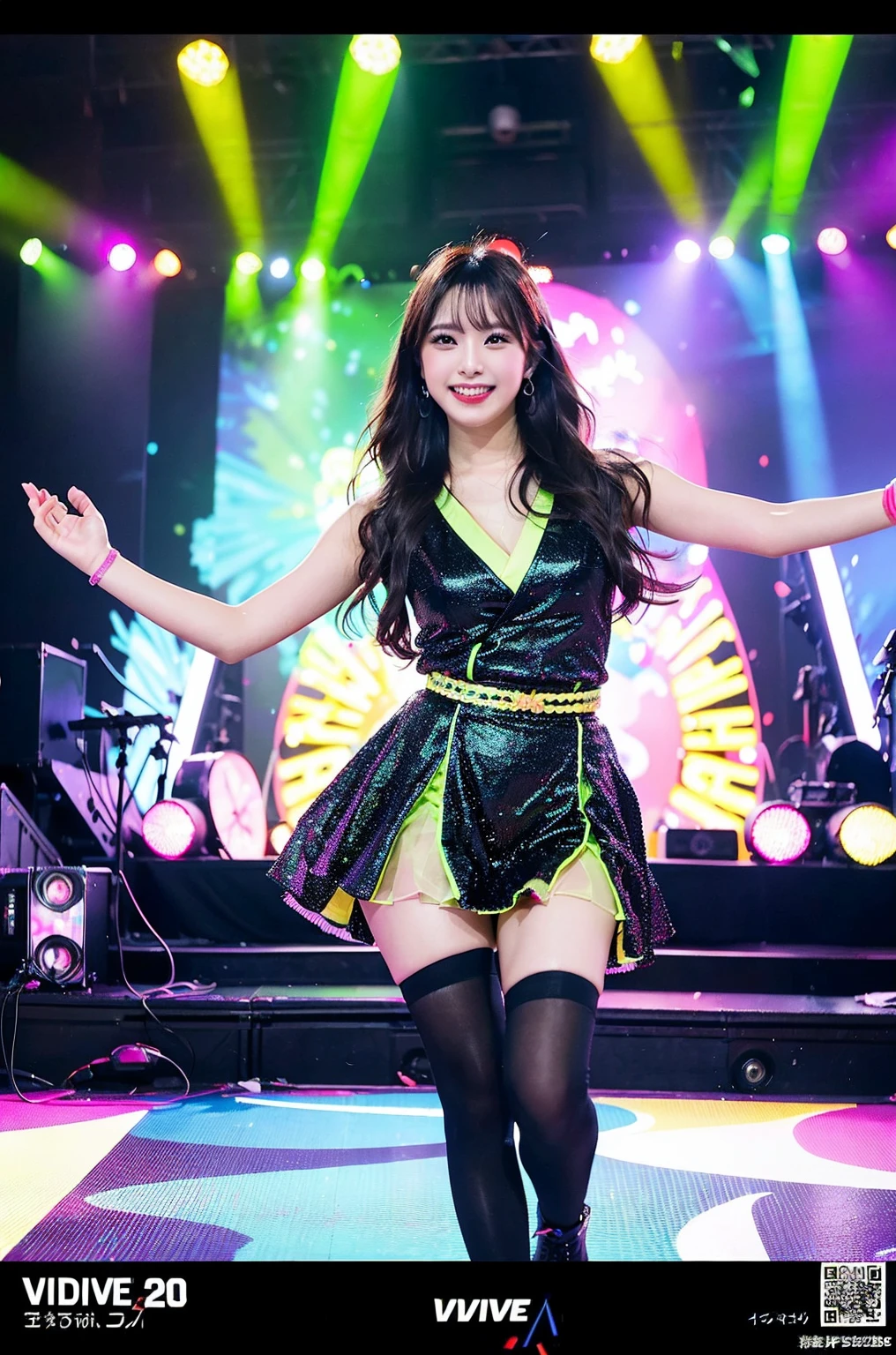Generate images of Japan artists singing and dancing on live stage in high quality. She captivates with passionate performances and radiates vivid energy. The stage is bathed in light and colorful light shows sparkle. She sings in dynamic poses and performs powerful dance moves. Her facial expressions are full of emotion and captivate the audience. The background is lively, and the cheers and applause of the audience echo throughout. Her outfits are stylish and glamorous, and she has her own style typical of Japan artists. The overall atmosphere is exciting and vivid, yet her personality and artistic flair shine through. This image captures her passionate performance and stage brilliance in high quality, conveying the appeal of visual stimulation and entertainment. Produces works that condense the charm of Japan artists and the brilliance of the stage.