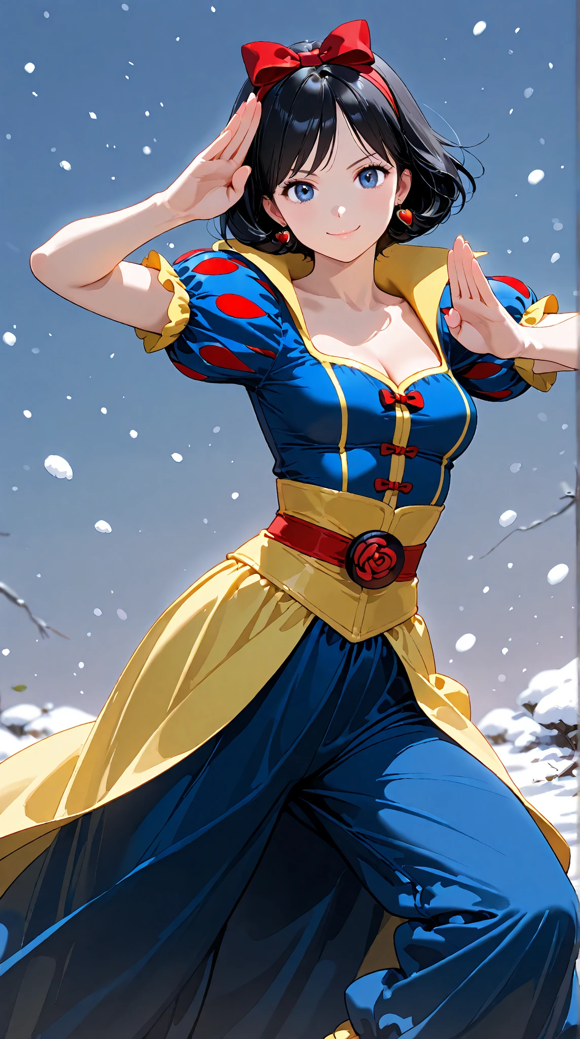 Snow White's dress is iconic and easily recognizable. It features a vibrant blue bodice with a high, white stand-up collar. The sleeves are puffed and striped with red and blue. The skirt is a bright yellow, slit on the side showing her thighs, flowing and full, reaching down to her ankles. The dress is often accessorized with a red ribbon or bow in her hair. The overall look is classic and fairy-tale-like, embodying the innocence and charm of the character, big , deep cleavage, white garter belt 