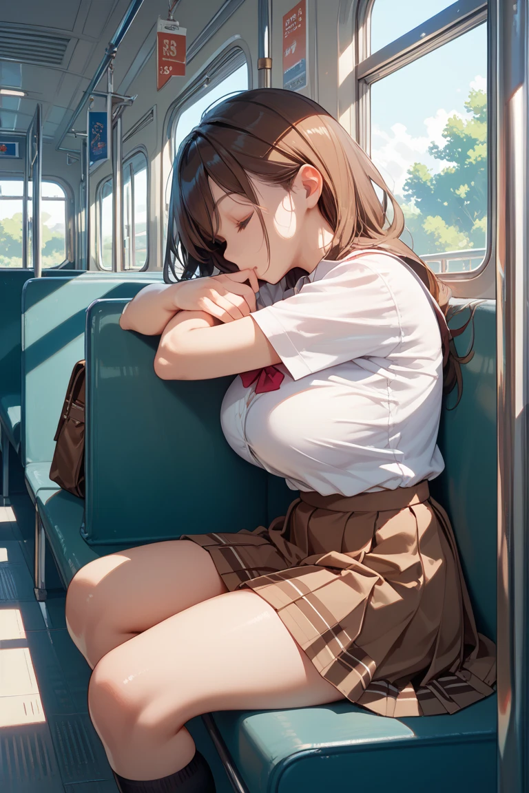 highest quality、masterpiece、Very detailed、A girl sleeping on a train seat、Dozing off while sitting、Commuting、、Black-haired woman, Realistic high school girl, cute, Short skirt, Sleeping