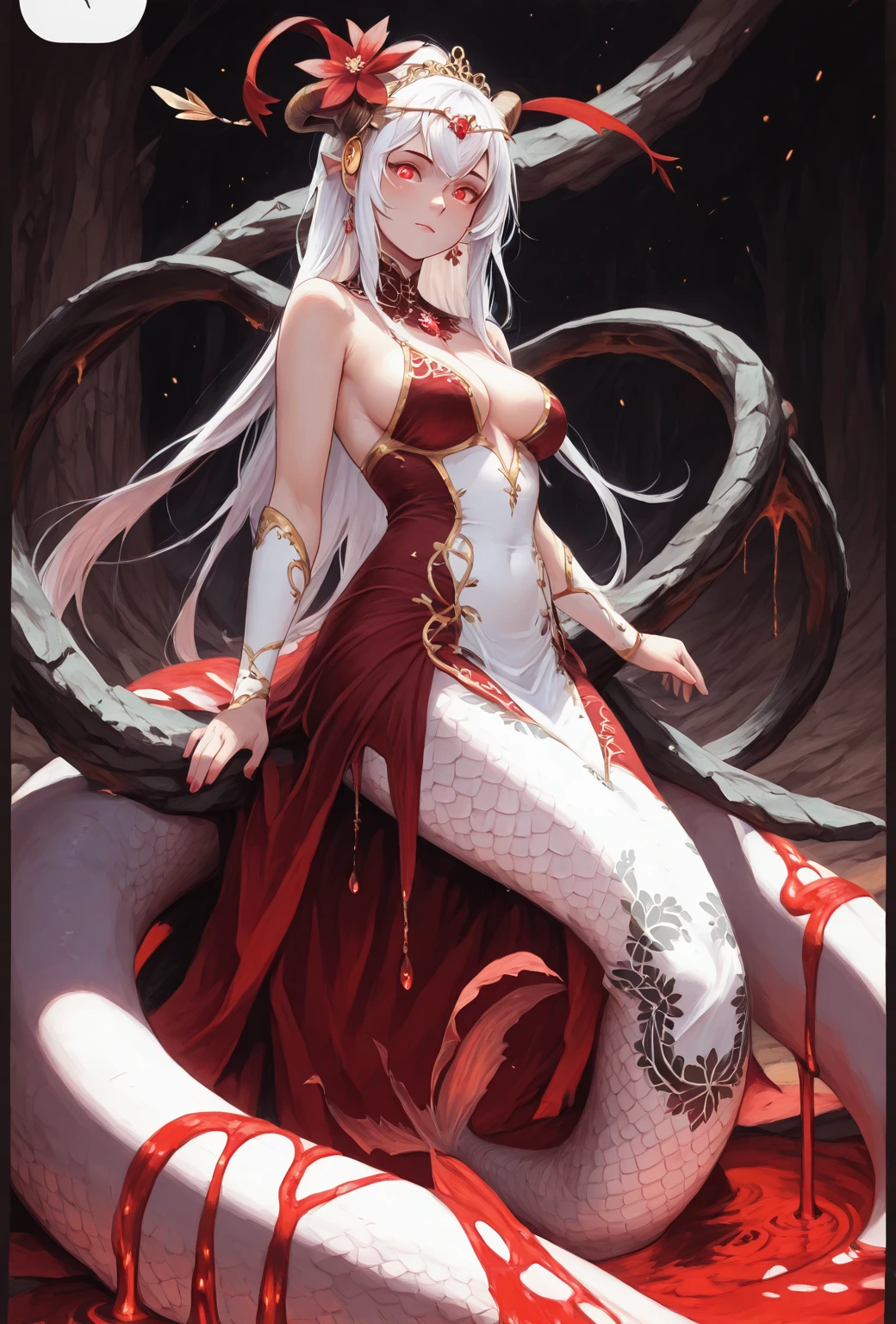 ((Finest quality)),(超A high resolution),(ultra-detailliert),(Meticulous portrayal),((Best CG)),(Finest works of art),Ultra-Precision Art,The art of astounding depiction, (White large snake:1.5),(1人の女性:1.5),(Clear crimson eyes:1.5),A dark-haired,Long,straight,deadpan:1.3,(Body wrapped around a white snake:1.5),Plain white kimono:1.5,