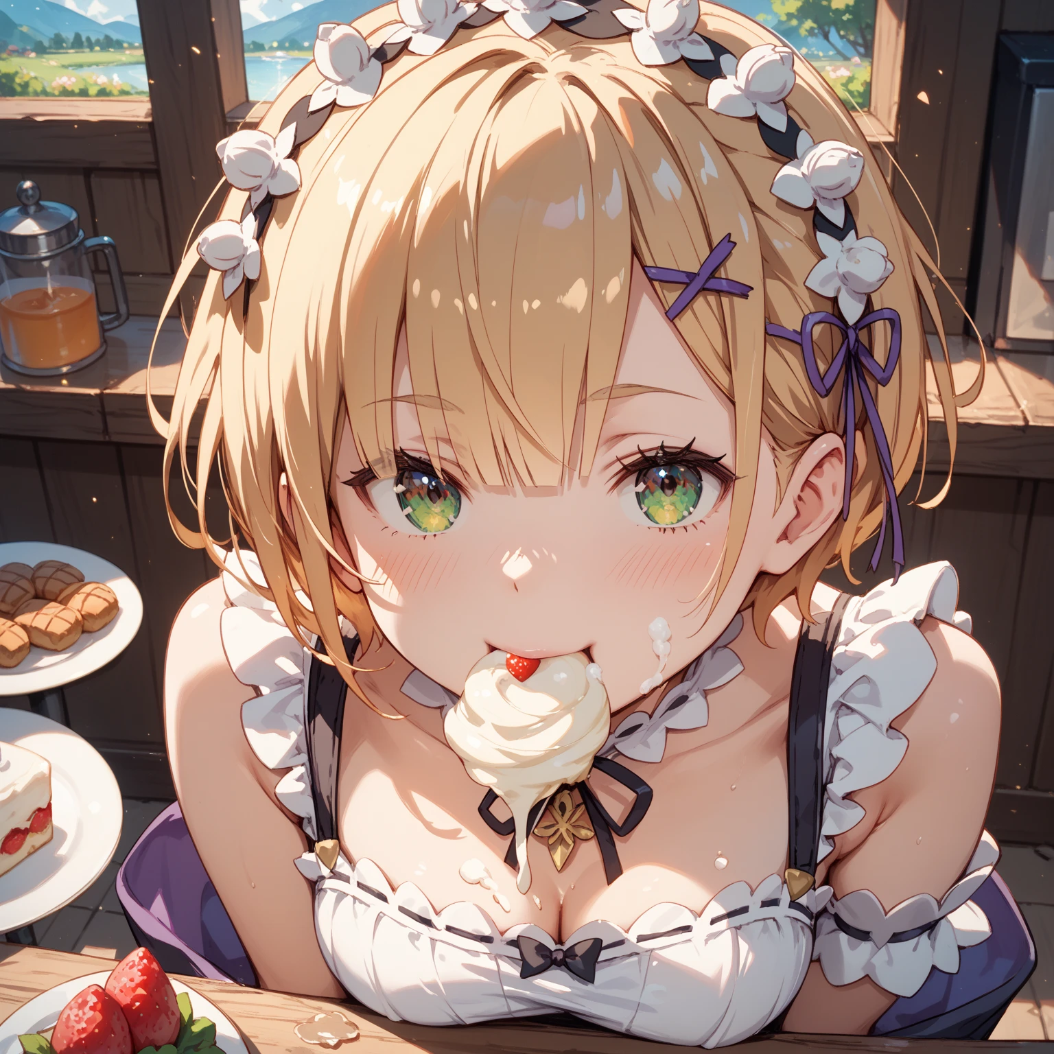 (looking down on the audience:1.3),(from side:0.9), ((Face)), (Close-Up:0.4), ((looking at viewer, holding a cake)),highest quality、(real、photorealistic:1.4),(ultra high resolution, 8K RAW photo, clear focus), best qualtiy, natural lighting, field depth, (Bright pupils, detailed beautiful eyes, high detailed face), Red lip, (tight focus:1.2, from below), sexy posing, seductive weak smiling, Looking at Viewer,