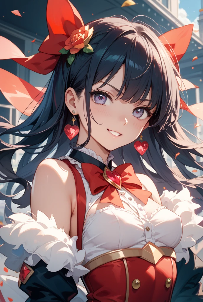 1womanl,Black hair,14years ,(()),Beautiful breasts,(((Sexy magical girl white and red shiny simple bodysuit and micro skirt)))((Mansuji))(((Blushing cheeks、Smile with open mouth)),(((Satin Narico))),((( portlate))),we have blue eyelashes)))(Wet with sweat)Street,Crowds(magical girl hair ornament)
