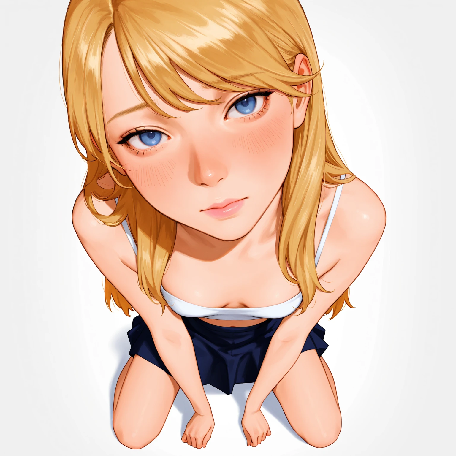 (masterpiece), ((best quality)), (super detailed), (beautiful eyes beautiful details eyes, Clean and delicate face), (whole body, wariza, leaning forward), Single Braided blonde hair, parted bangs, forehead, cool smile, open mouth, white camisole and white mini skirt, thigh, barefoot