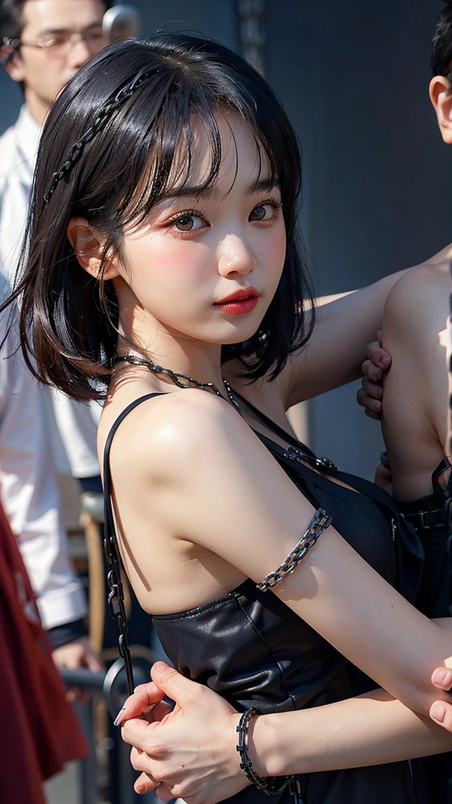 highest quality, masterpiece, shape, Realistic, photo-Realistic, wonderful, finely, Very detailed, High resolution, Very detailed, unity 8k wallpaper, highest quality, 超High resolution, (Realistic:1.4), One girl, Black tight skirt, Black Choker, (Faded grey hair:1), (Huge breasts), View your viewers, close ,