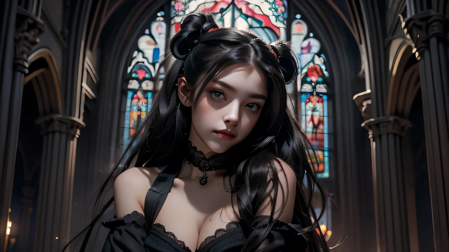 Beautiful 20 year old woman、 A peerless beauty, Extraordinary beauty, Enchanting, Dark Gothic Makeup, Bell Sleeves、Wizard Sleeve, Black maid outfit、Dark Gothic、Long dresses、Gothic Lolita, garter belt、Knee-high socks、pantyhose, Black ribbon on twin tails、Black dark eyeshadow、Visual Lock、Good skin radiance、Lace pink、Long Hair Straight Hair、Dark Gothic Makeup, Black hair color, Deep Night Sky, Inside the church, Stained Glass Background, masterpiece, 最high quality, high quality, High resolution, Gothic Lolita, Plump thighs, (((Face close-up)))