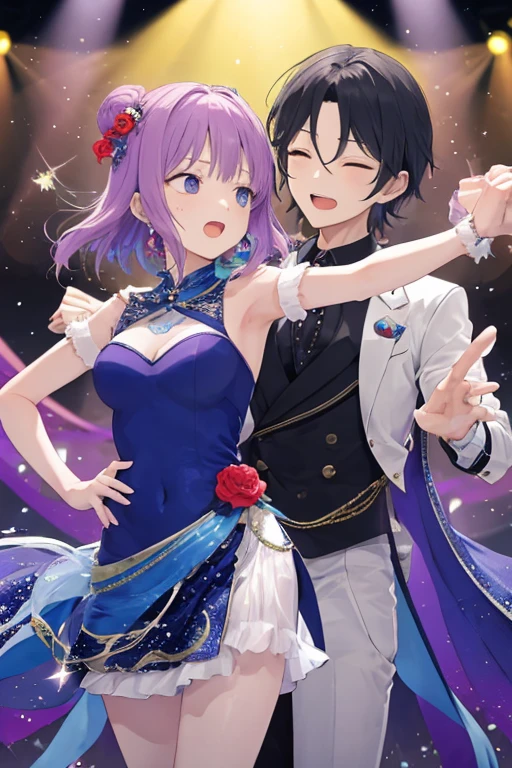  two MEN characters with male gender suit, em um casamento sendo Shu Kurenai do Anime Beyblade Burst Evolution (naughty man, COMPLETELY WHITE long hair and red eyes and 24 years old) and the character Tetora Nagumo from the game Ensemble Estrelas (man 22 years old, brown eyes and short black hair), estariam holding hands facing each other, are at a wedding event, holding hands facing each other (ONLY TWO CHARACTERS IN THE PHOTO) just two characters