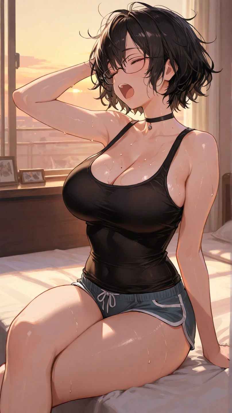 (Wallpaper,8k), (masterpiece, beautiful lighting, vibrant, best Quality), 1  woman, solo, short black hair, Messy hair , tank top, indoor, night、(Oily skin:1.5, Shiny skin:1.3)