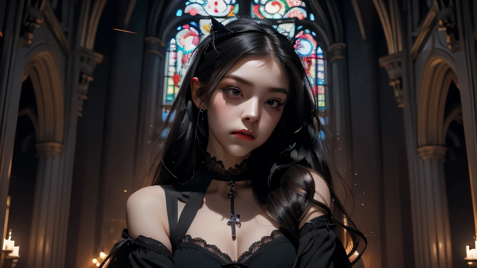 Beautiful 20 year old woman、 A peerless beauty, Extraordinary beauty, Enchanting, Dark Gothic Makeup, Bell Sleeves、Wizard Sleeve, Black maid outfit、Dark Gothic、Long dresses、Gothic Lolita, garter belt、Knee-high socks、pantyhose, Twin tails、Black dark eyeshadow、Visual Lock、Good skin radiance、Lace pink、Long Hair Straight Hair、Dark Gothic Makeup, Black hair color, Looking up from below, Deep Night Sky, Inside the church, Stained Glass Background, masterpiece, 最high quality, high quality, High resolution, Please kneel down, (Gothic Lolita), Plump thighs,
