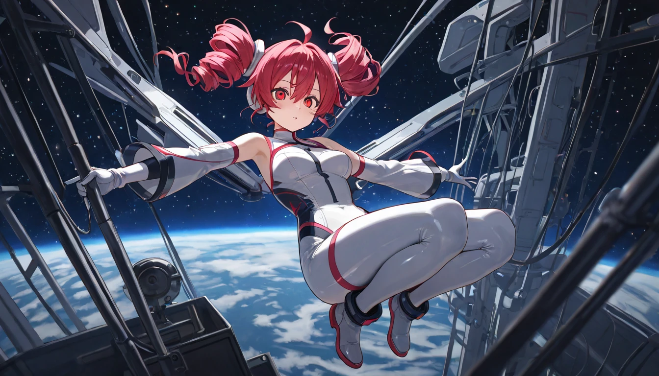 Perfect human body modeling, 1girl, small breasts, beautiful girl, cute girl and idol face, young face, smile, Beautiful long pink hair, twintails, Beautiful shining red eyes, white skin, Short body, Rabbit ears in robot style, powered armor, full armor, powered leg, metroid armor, Space suits, planetary exploration