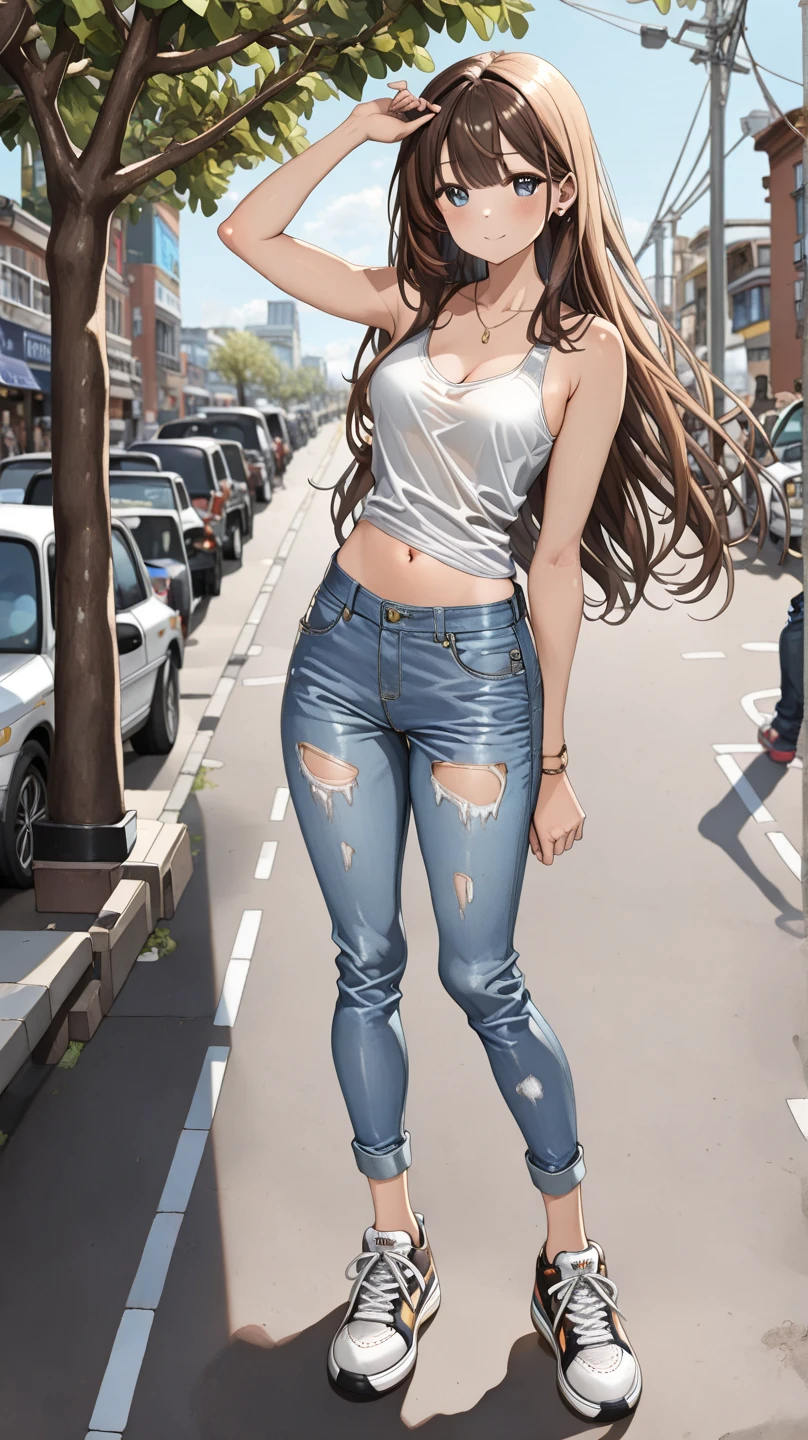 masterpiece, extremery magnificent view, perspective, extremery best quality, extremery detailed CG, 8k wallpaper, ultra high resolution, highly detailed face, highly detailed eyes, perfect anatomy, super detailed skin, not safe for work, (peeing self:1.8),
(dynamic angle, seductive pose:1.2), outdoors, downtown, (legs focus, full body:1.3), (beautiful face, beautiful eyes, beautiful legs),
1girl, 20 year old, european, brown hair, wavy hair, very long hair, forehead, blue eyes, blush, scared, panicking, crying, tears, open mouth, hard nipples, cleavage, black croptop, navel, (hands between legs:1.4), skinny, wide hips, thin waist, (jeans pants, flares jeans, blue jeans), (knees together feet apart:1.4), white shoes
