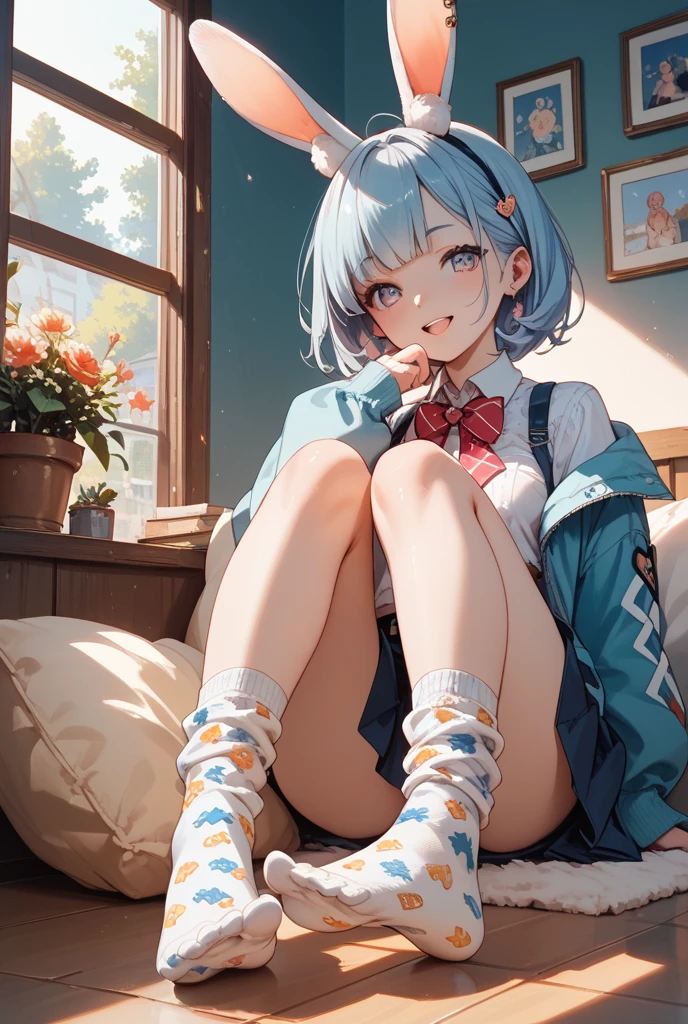 Light blue hair and sweatshirt,Cute and seductive girl,, Blue pupils Blue hair short hair, white stockings,adolable,cat ear,Be red in the face,The expression is shy,White panties