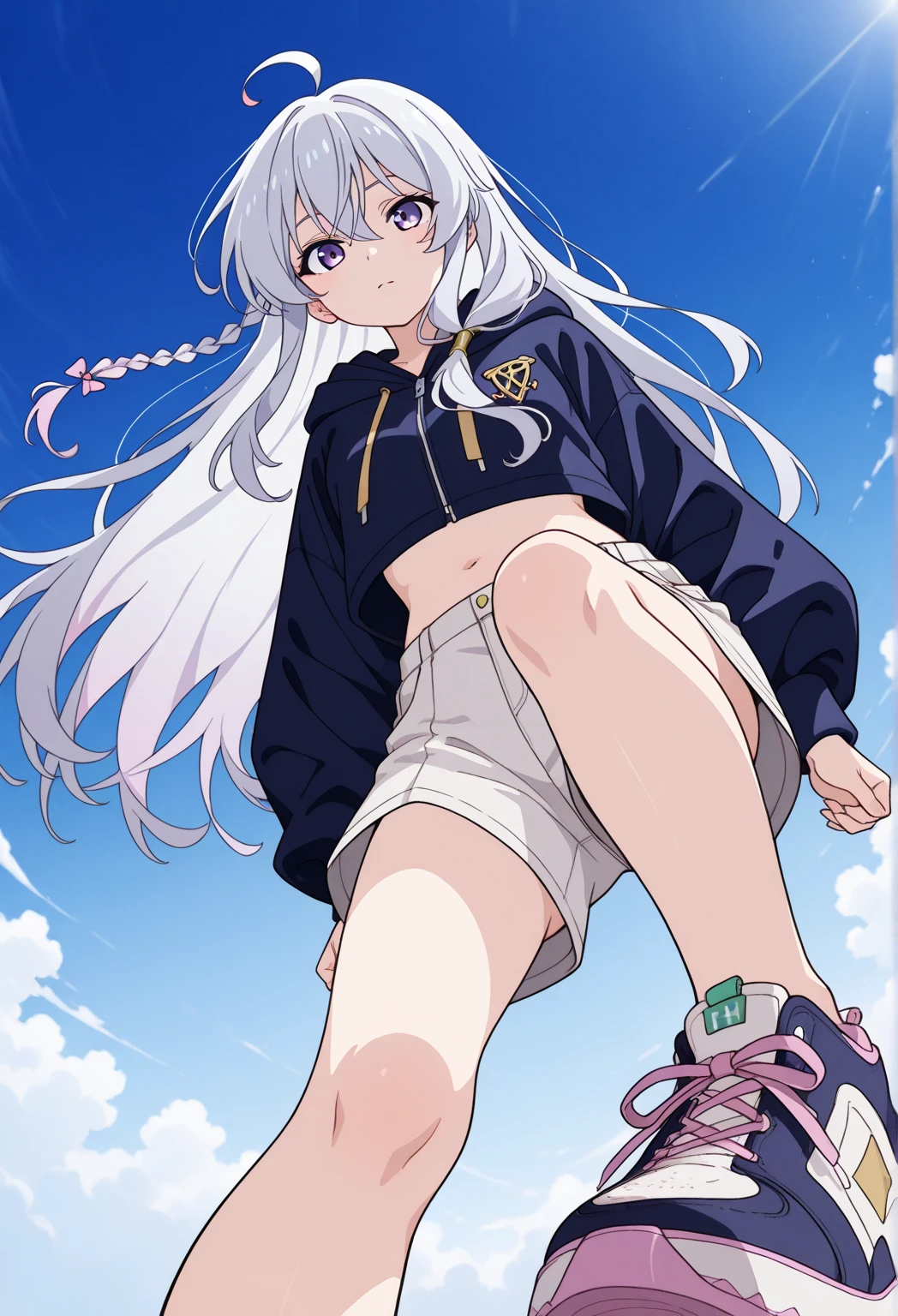 masterpiece,best quality,highres,ultra-detailed,bbakari,blue eyes,long hair,ahoge,twin braids,white shirt,long sleeves,long skirt,smile,hoodie, overskirt, black footwear,sitting