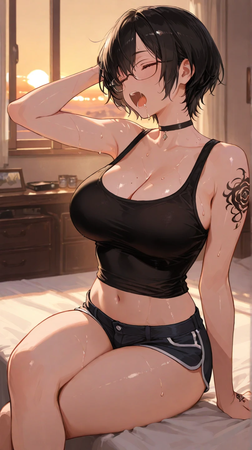 Beautiful breasts、Black Hair、Attractive breasts、Beautiful and attractive anime woman, Enchanting anime girl,Slippery、black eye、beautiful girl、、Quiet、Inconspicuous、White see-through tank top、Big Breasts、Stay in the house、Underwear is visible、Underwear is biting into、Small underwear、Shaved、Wet Skin、((腕にTattoo))、(For the whole body)Tattoo、Nipples are visible、large hoop earrings、(On the legs)Tattoo、(On my back)Tattoo、(On the stomach)Tattoo、Provocative、(和彫の大きいTattoo)、For the whole bodyTattoo、(On the face)Tattoo、Short Bob、Provocative、肩にTattoo、((Tattoo))、brown、