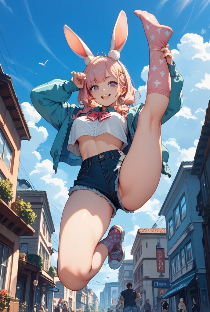 1 very cute and beautiful girls, (detailed face, cute eyes:1.5), BREAK orange hair, (short hair:1.5), (medium breast:1.2), cleavage, (blush, smiling:1.5), (open mouth:1.5), slim waist, BREAK (a girl with long braid, wearing jacket with yellow and pink and black panels, white tank top, black shorts, white sneakers, black baseball cap.:1.5) BREAK (dancing, wacking, stand on one leg, lean forward:1.5), (in night street:1.5), swinging arms, dynamic posing with flair, attracting the attention of the crowd, BREAK (open clothes, areola, no wear, bare breasts, bare, unclad, spread legs:1.8), (full body, from behind:1.5), BREAK (masterpiece,best quality,High quality,ultra detailed,extremely detailed,ultra high res,best aesthetic,12k),